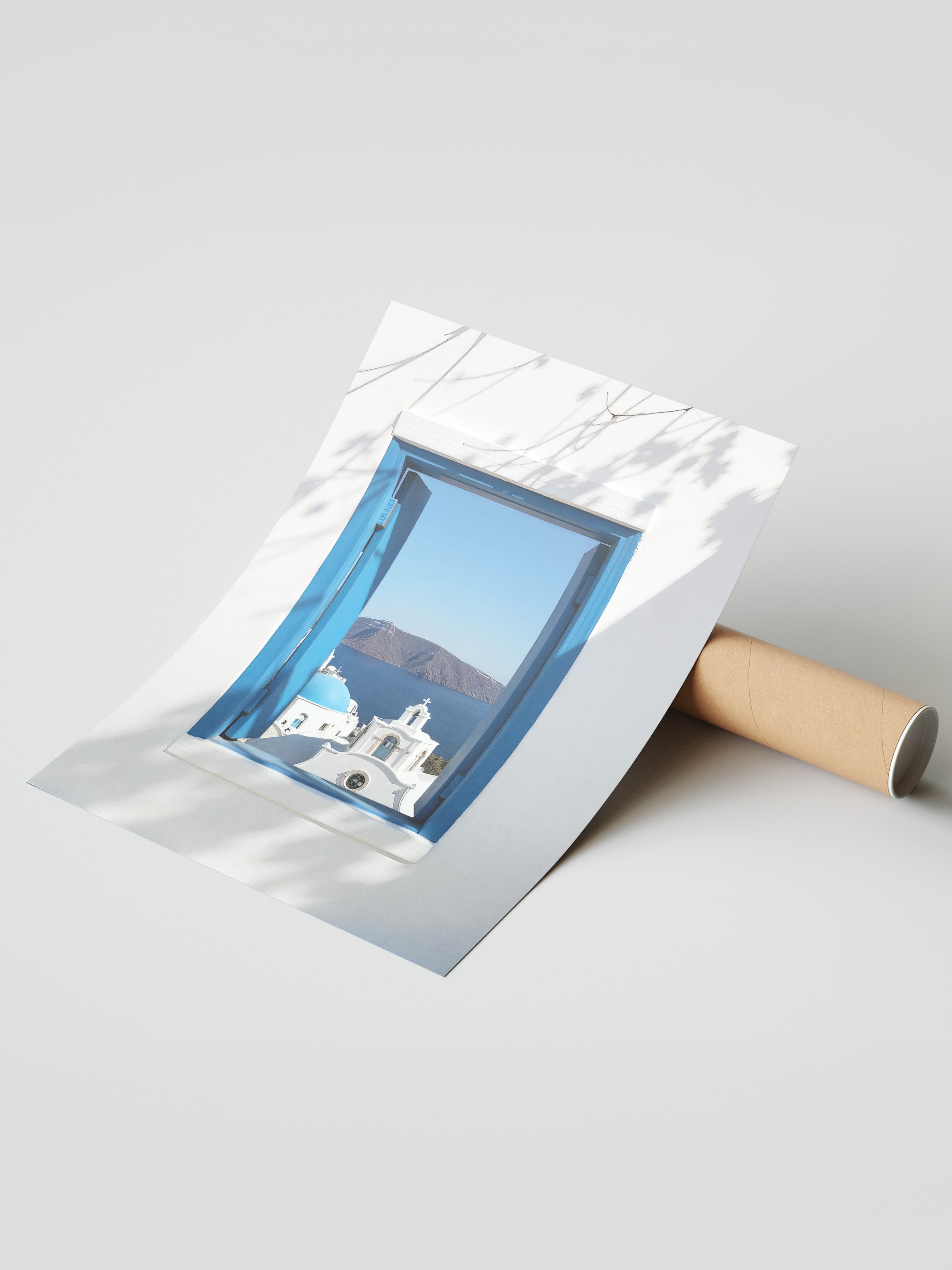 Çerçevesiz Duvar Posteri, Yunan Adasına Bakan Pencere, Fotoğraf, Mavi Renk Poster, 2025 Yaz Seçkisi, NO:109527