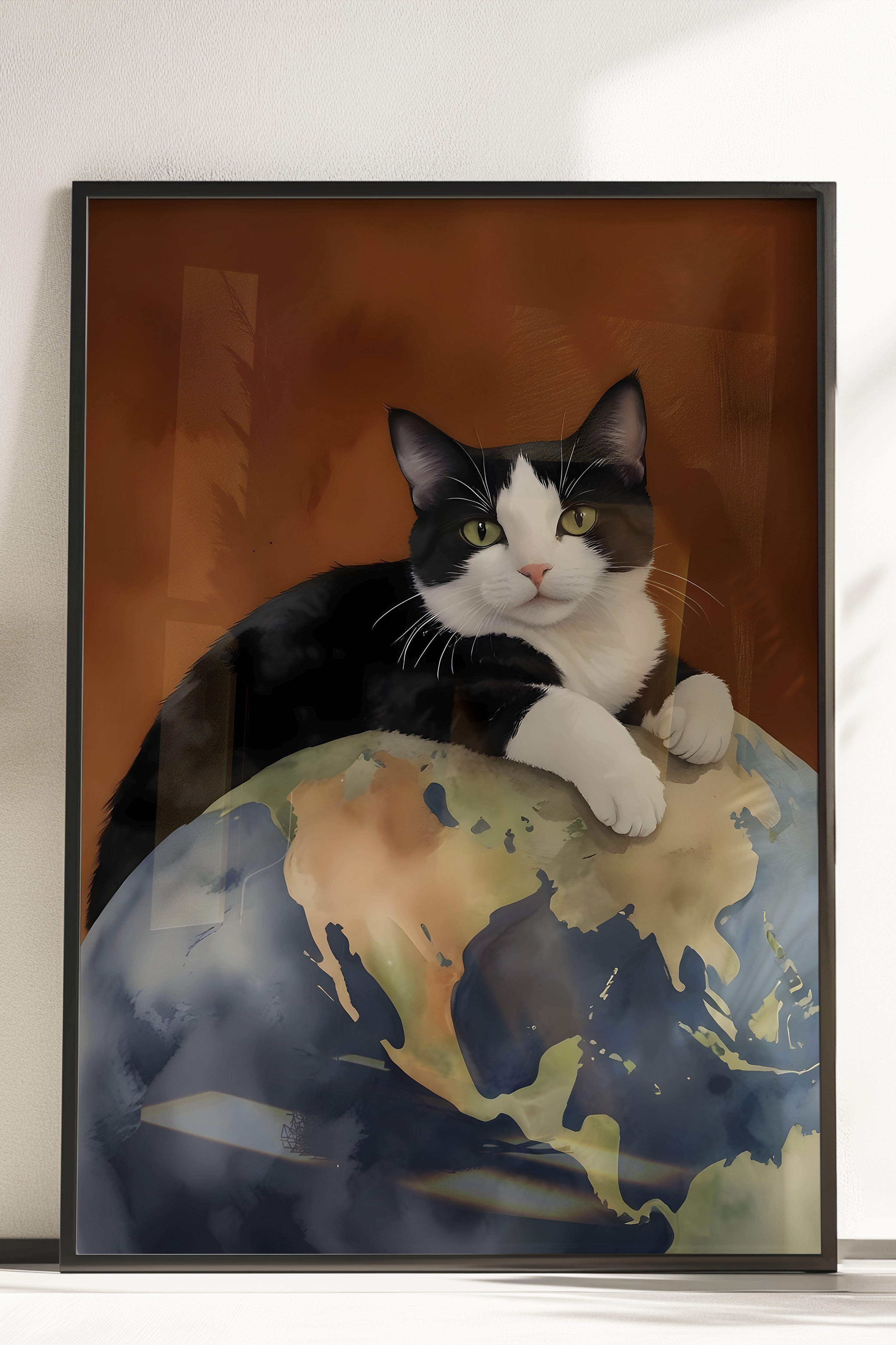 Çerçevesiz Poster, Black Cat on World, Comfort Serisi Duvar Posteri, NO:108964