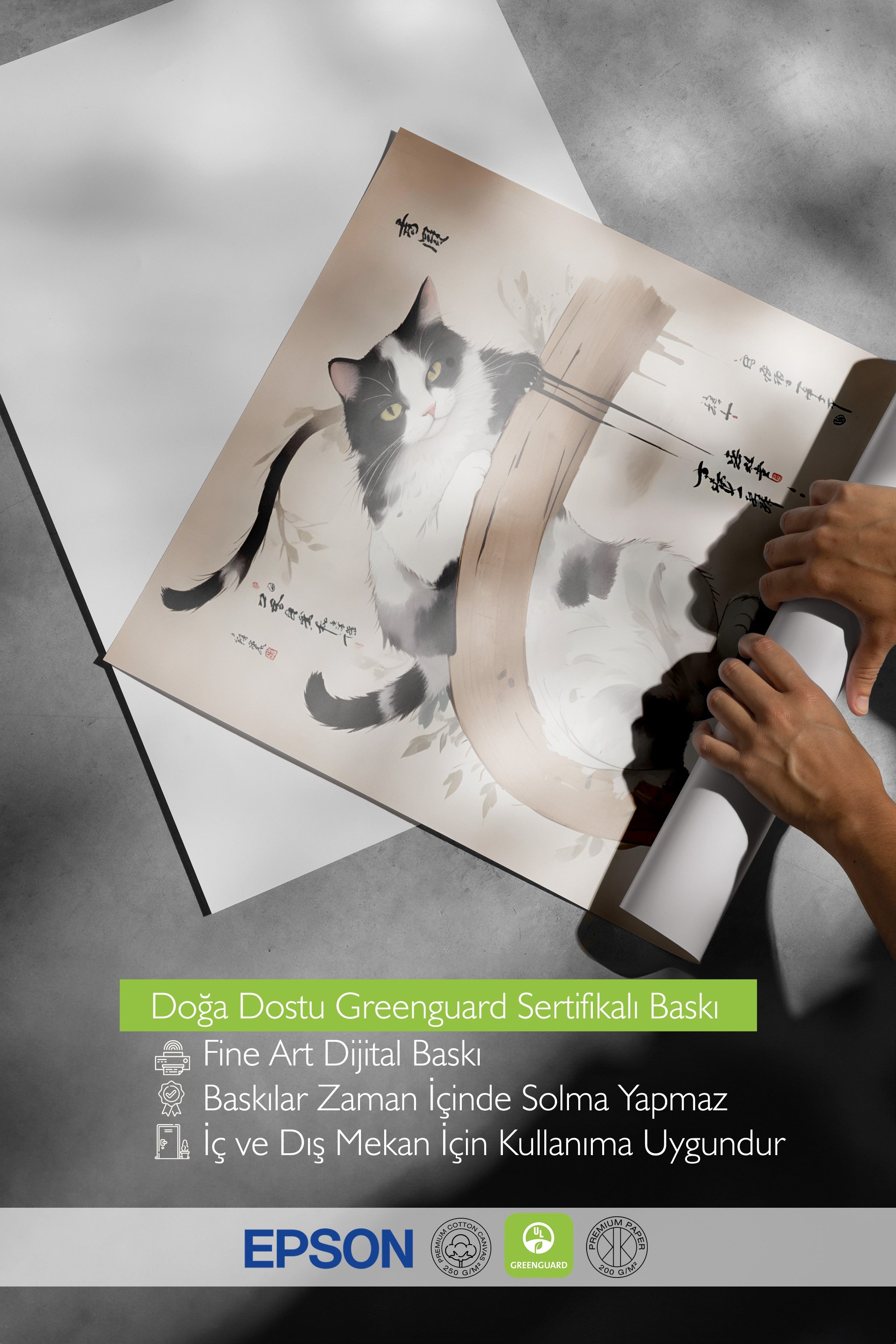 Çerçevesiz Poster, Cat On A Japanese Tree, Comfort Serisi Mutfak Duvar Posteri, NO:109163