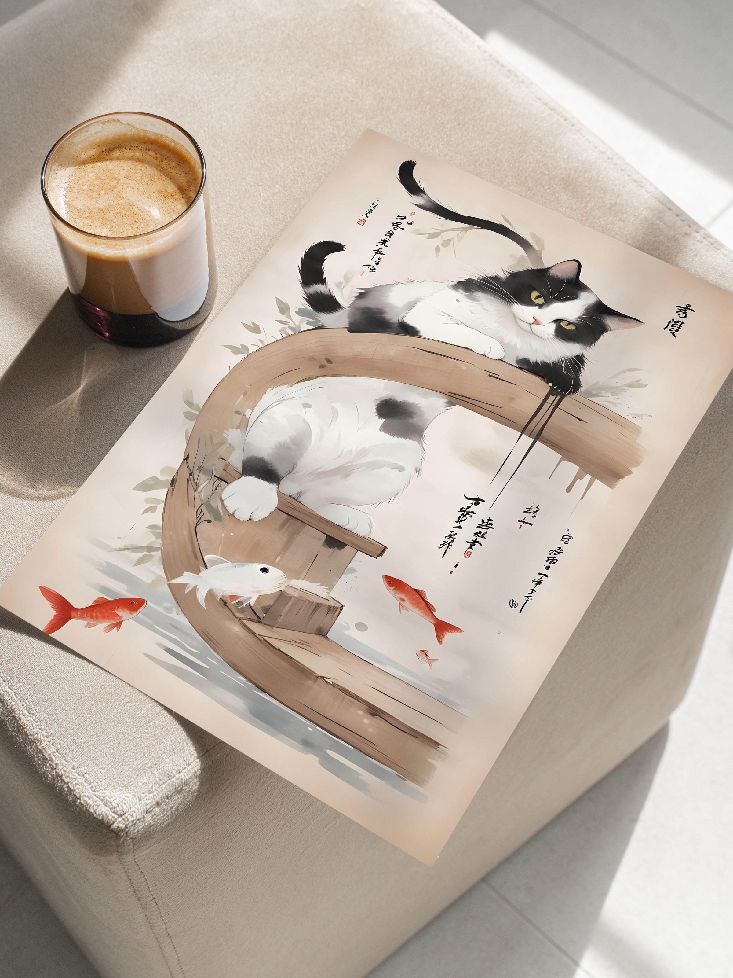 Çerçevesiz Poster, Cat On A Japanese Tree, Comfort Serisi Mutfak Duvar Posteri, NO:109163