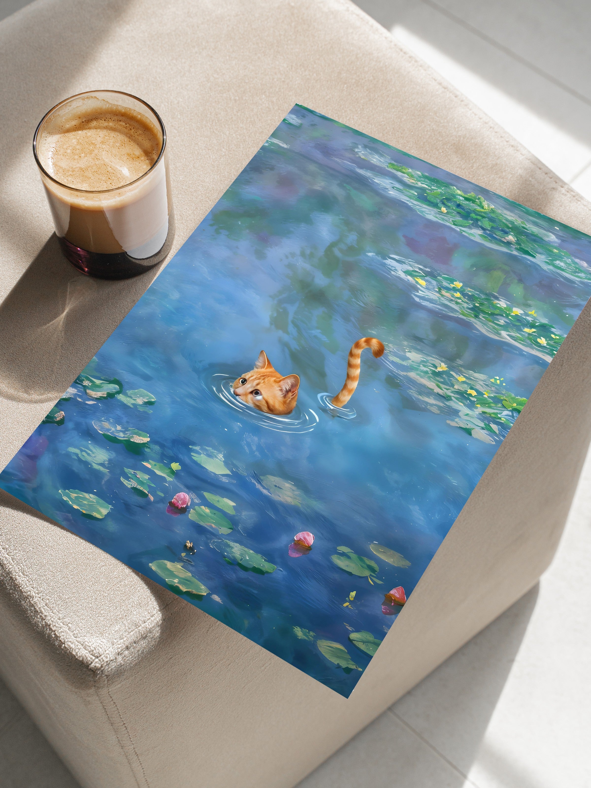 Çerçevesiz Poster, Cat Print Waterlily - 1, Comfort Serisi Duvar Posteri, NO:108966