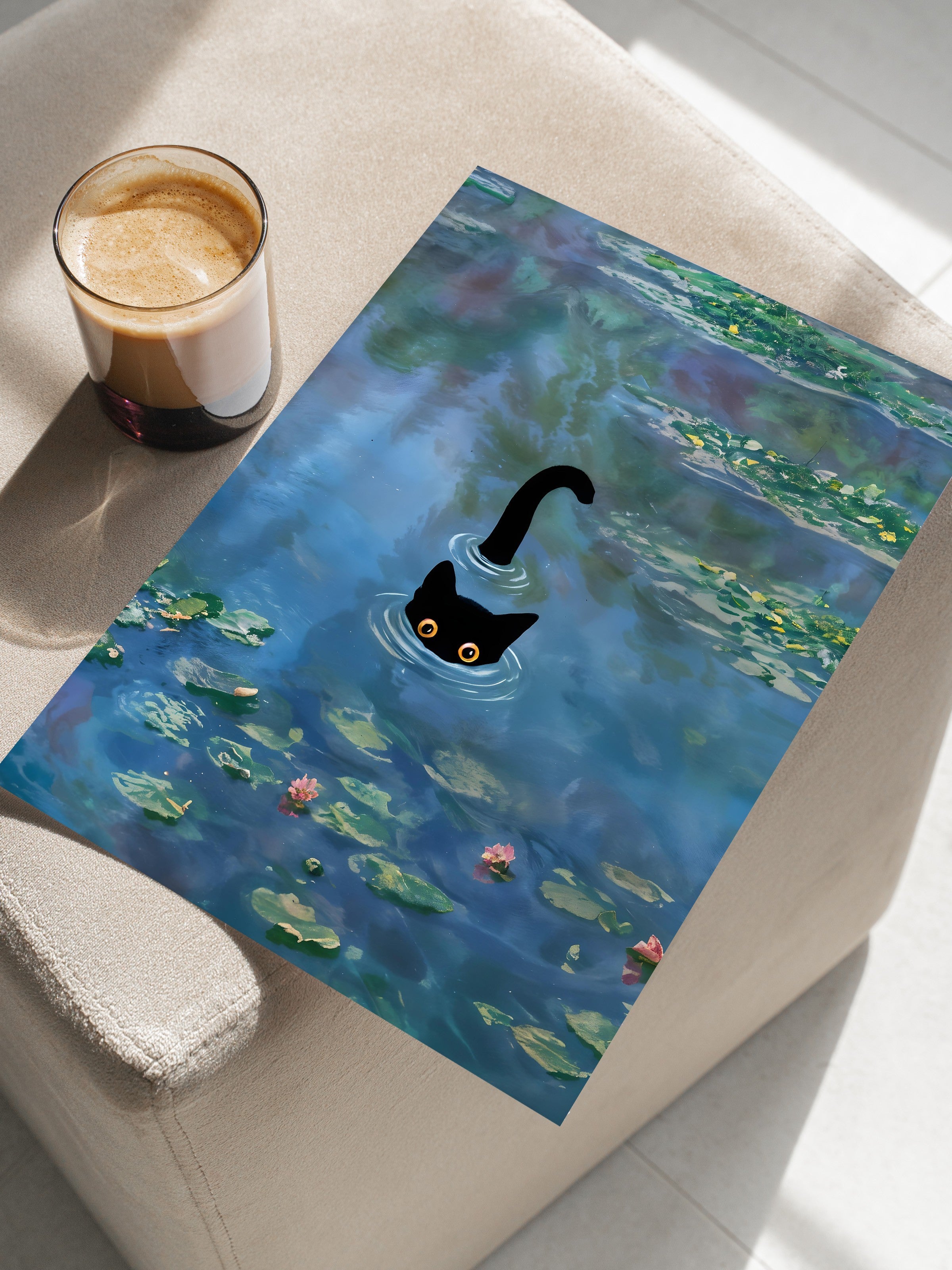 Çerçevesiz Poster, Cat Print Waterlily - 2, Comfort Serisi Duvar Posteri, NO:108967