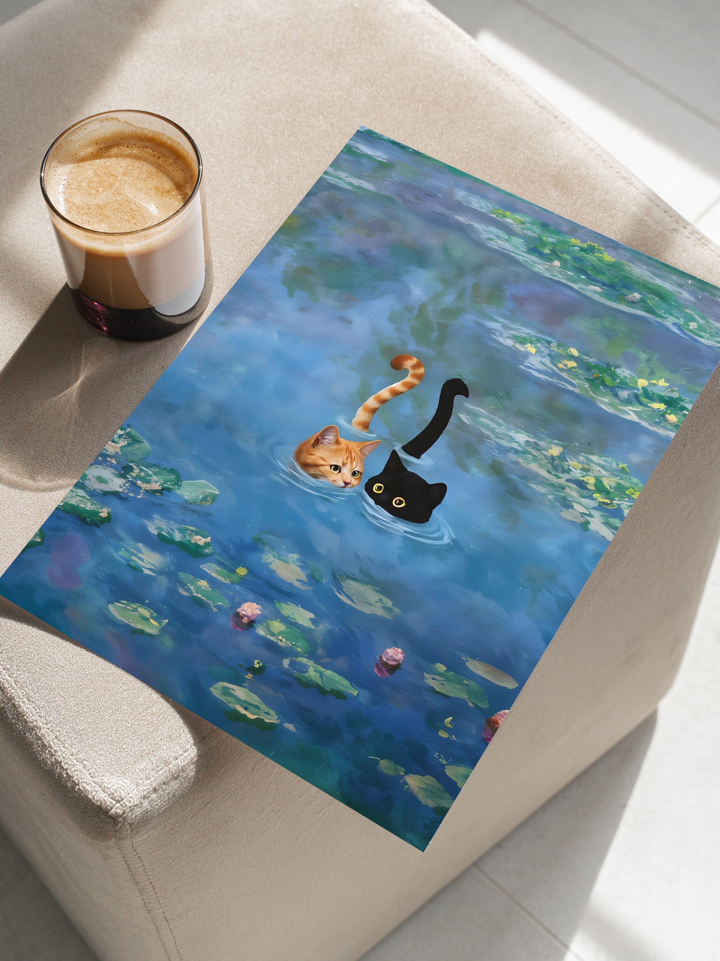 Çerçevesiz Poster, Cat Print Monet Waterlily - 3, Comfort Serisi Mutfak Duvar Posteri, NO:108968