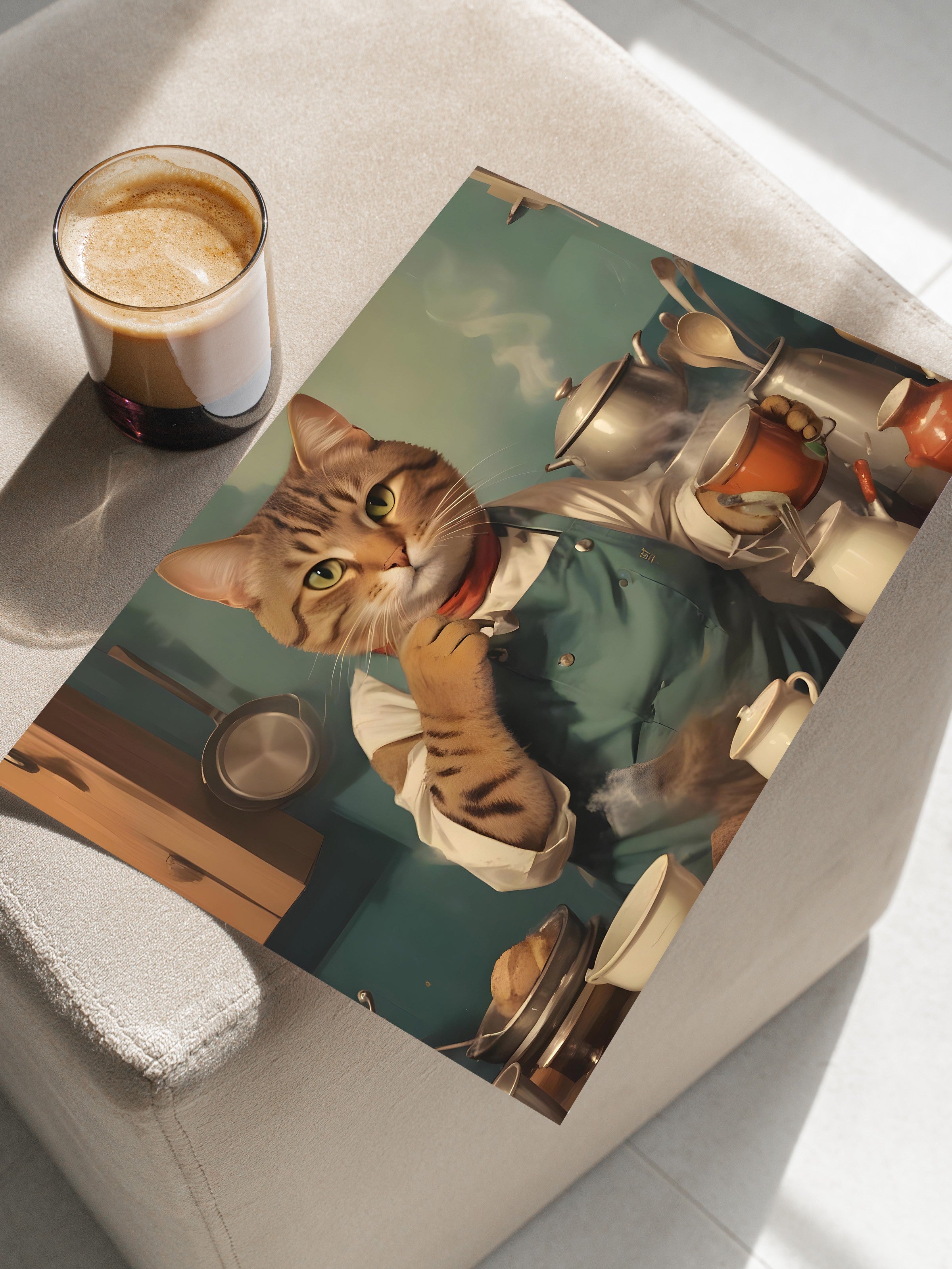 Çerçevesiz Poster, Coffee Station Cat, Comfort Serisi Duvar Posteri, NO:108929