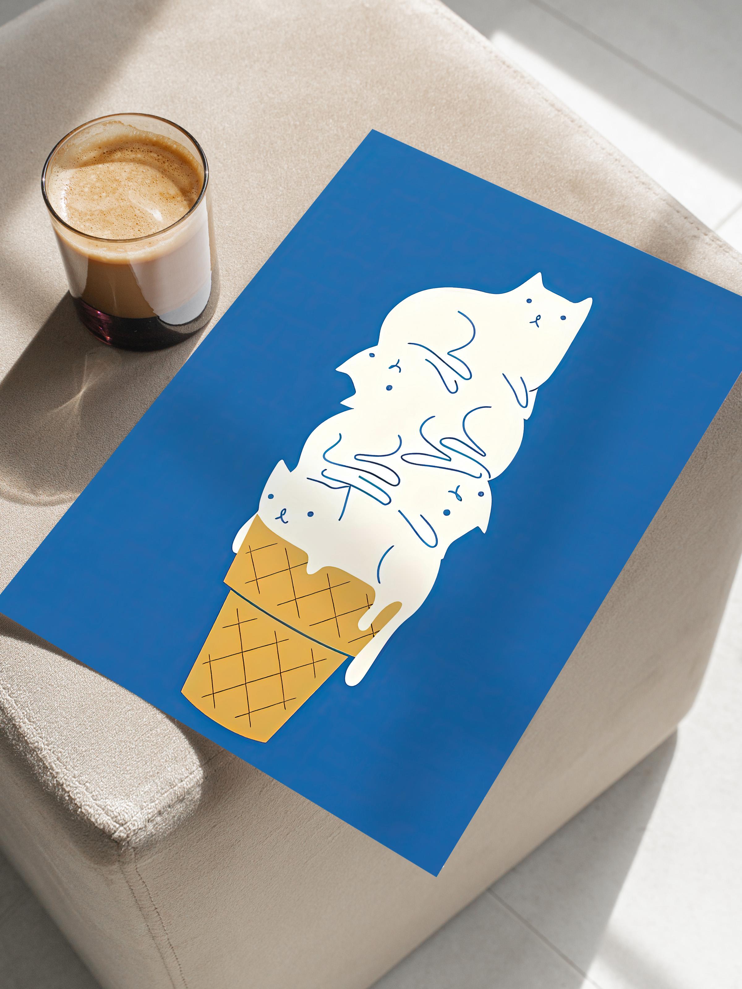 Çerçevesiz Poster, HD Kalite Duvar Posteri,Comfort Serisi, Cats Ice Cream Poster, NO:108731