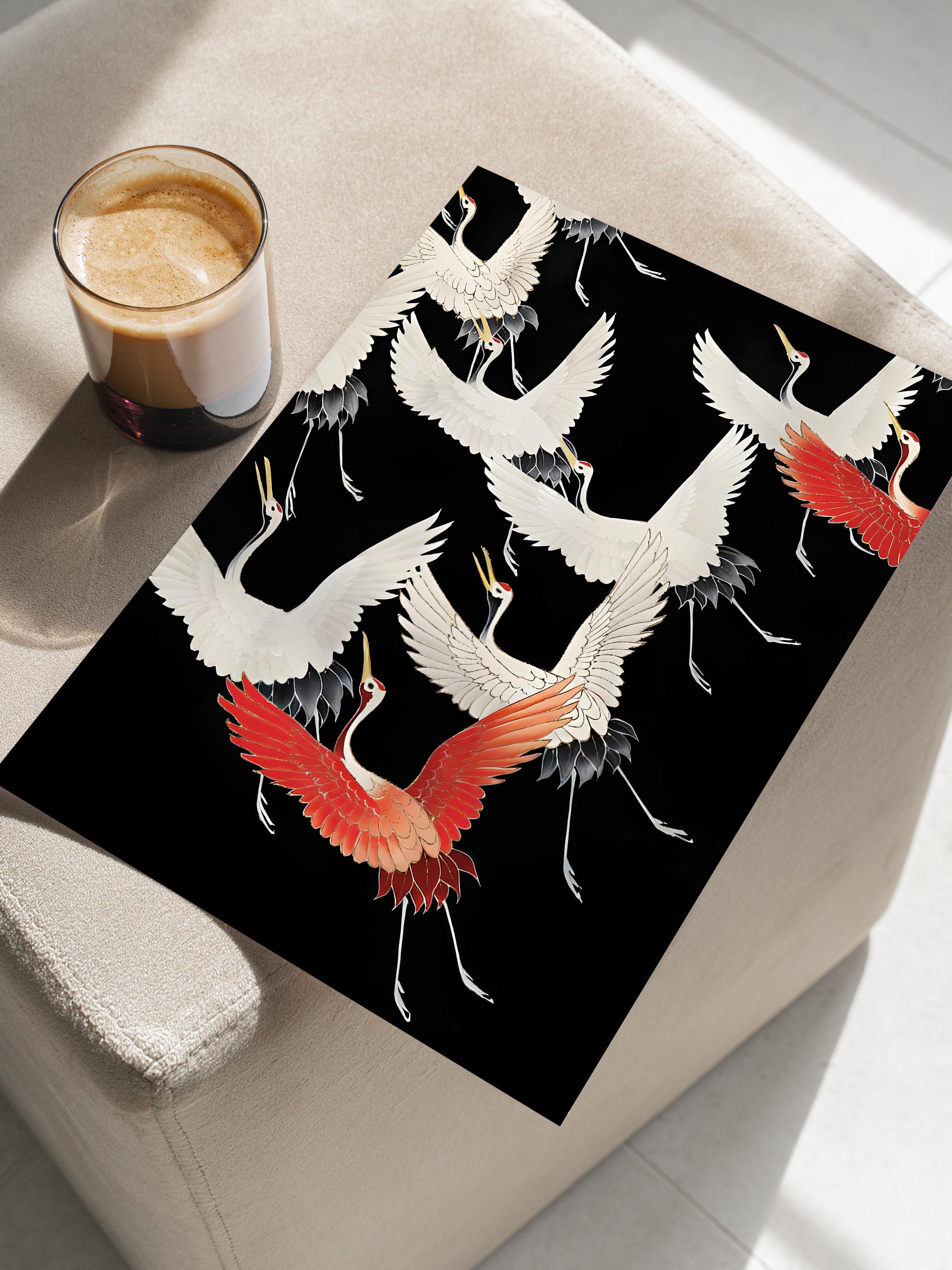 Çerçevesiz Poster, HD Kalite Duvar Posteri,Comfort Serisi, Crane Birds Black Poster, NO:108724