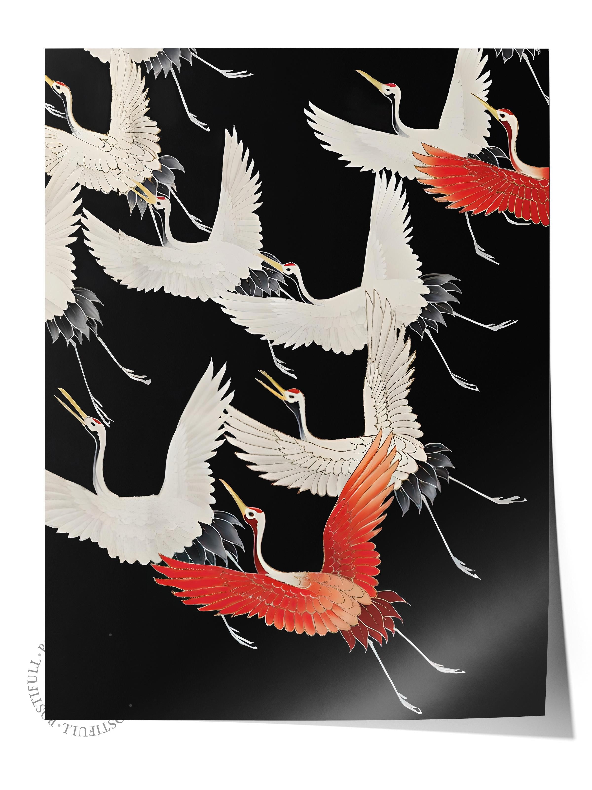 Çerçevesiz Poster, HD Kalite Duvar Posteri,Comfort Serisi, Crane Birds Black Poster, NO:108724