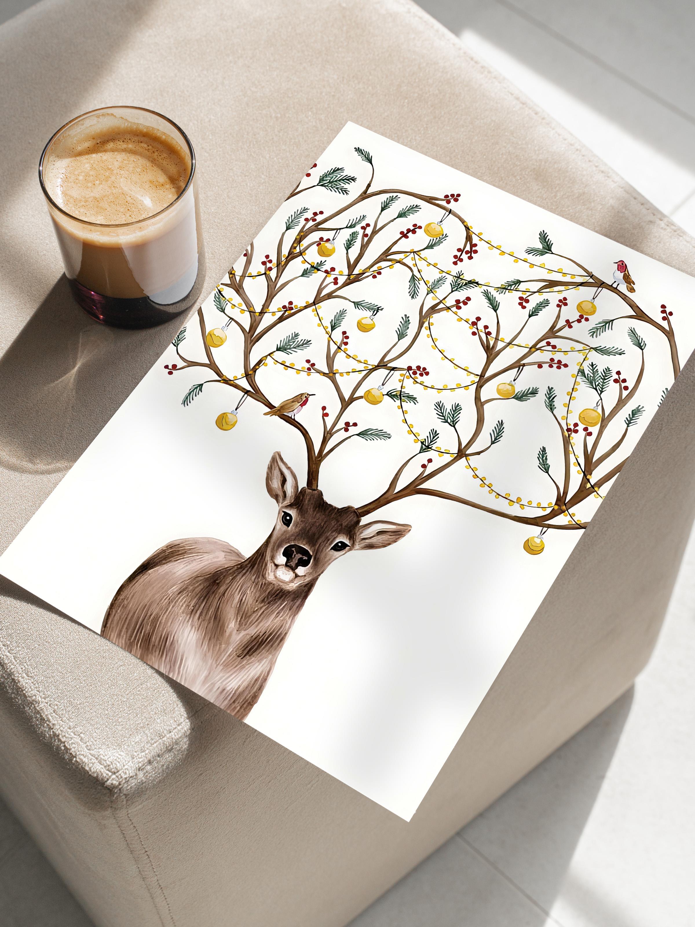 Çerçevesiz Yılbaşı Posteri, Yılbaşı Dekoru, Comfort Serisi, Decorated Deer Poster, NO:108642