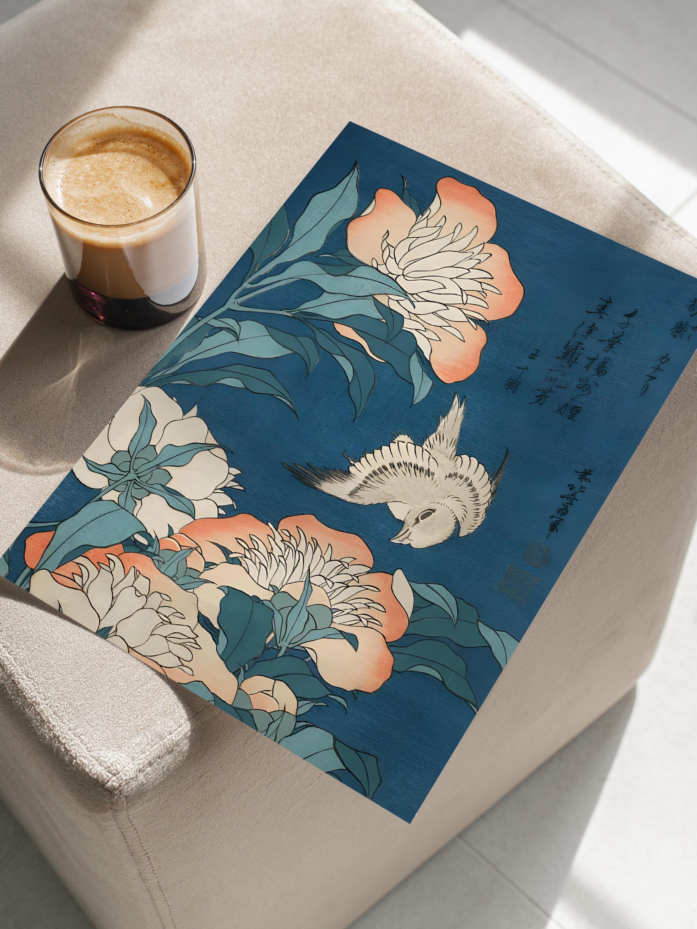 Çerçevesiz Poster, Comfort Serisi, Hokusai - Peonies And Canary Poster, NO:108694