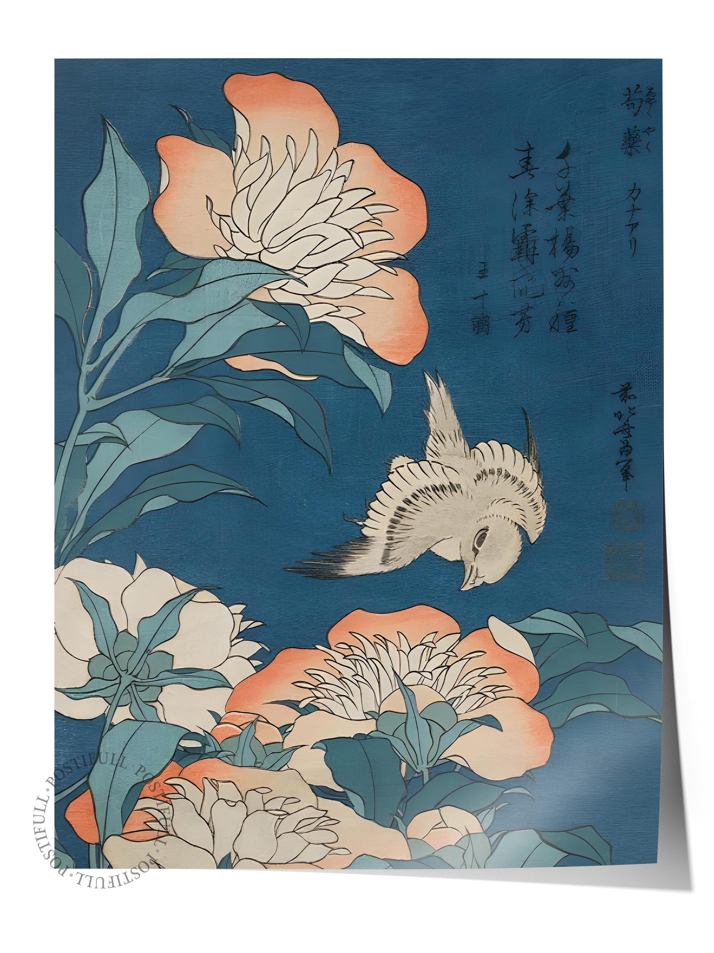 Çerçevesiz Poster, Comfort Serisi, Hokusai - Peonies And Canary Poster, NO:108694