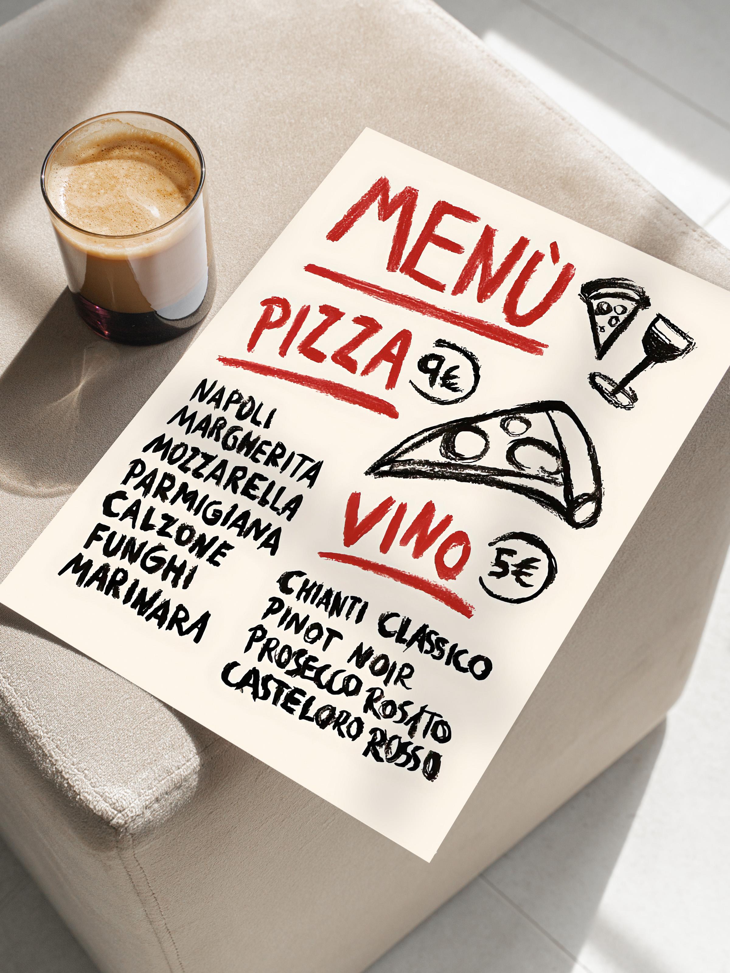 Çerçevesiz Poster, HD Kalite Duvar Posteri,Comfort Serisi, Pizza Vino Menu Poster, NO:108605