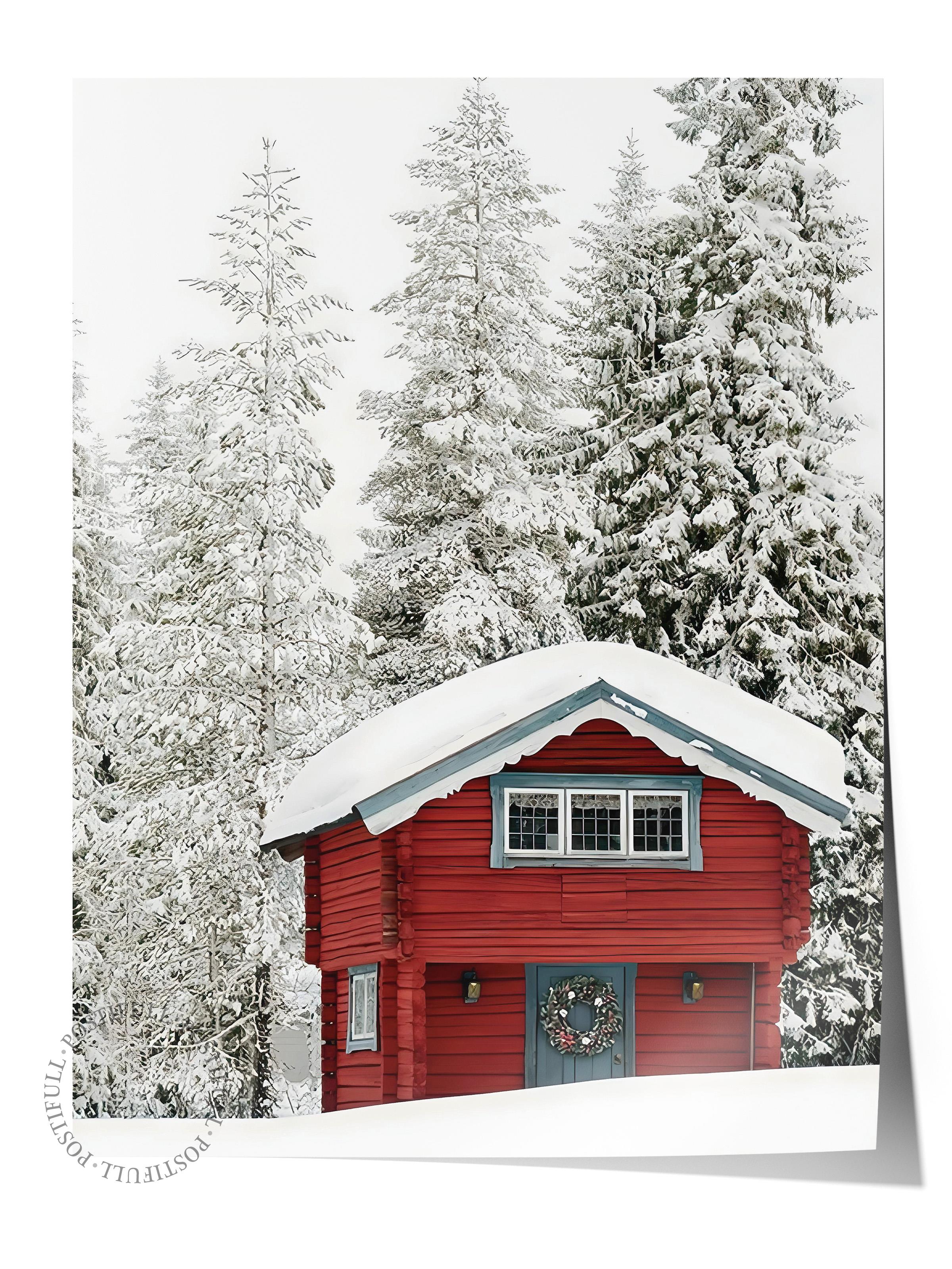 Çerçevesiz Yılbaşı Posteri, Yılbaşı Dekoru, Comfort Serisi, Red Holiday Cabin Poster, NO:108646