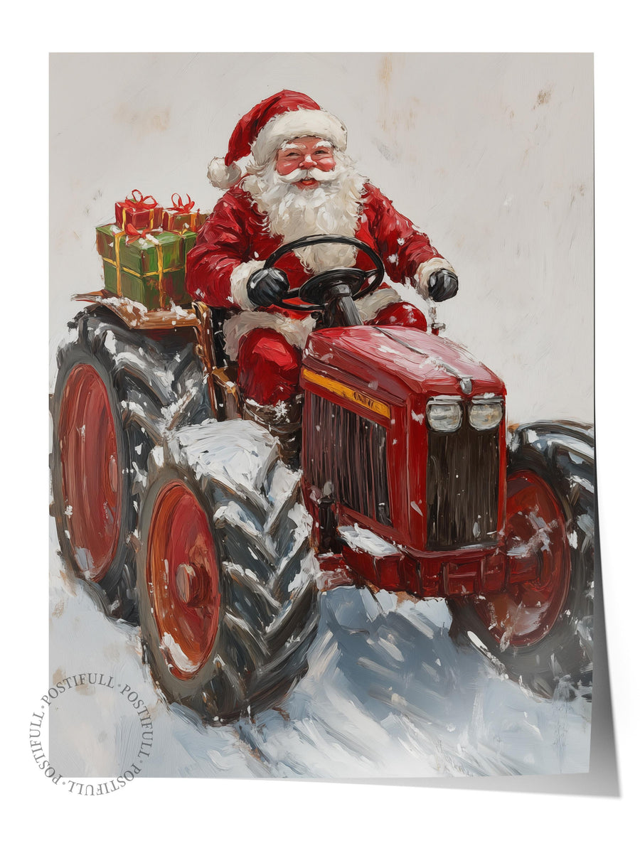 Noel Baba Traktör Kullanıyor Yılbaşı Çerçevesiz Poster