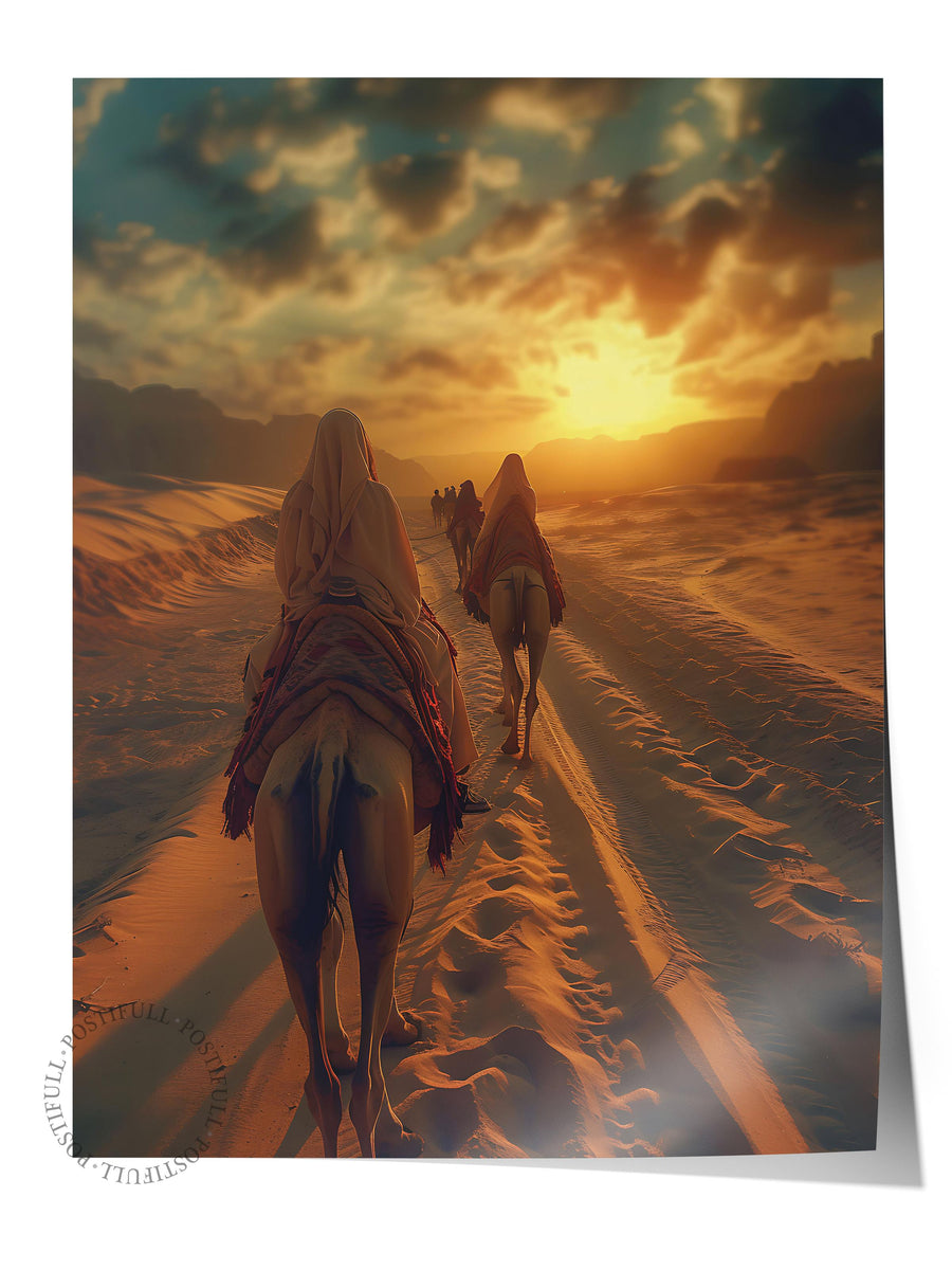 Çölde Gün Batımı Kervanı Hayvanlar & Safari Çerçevesiz Poster