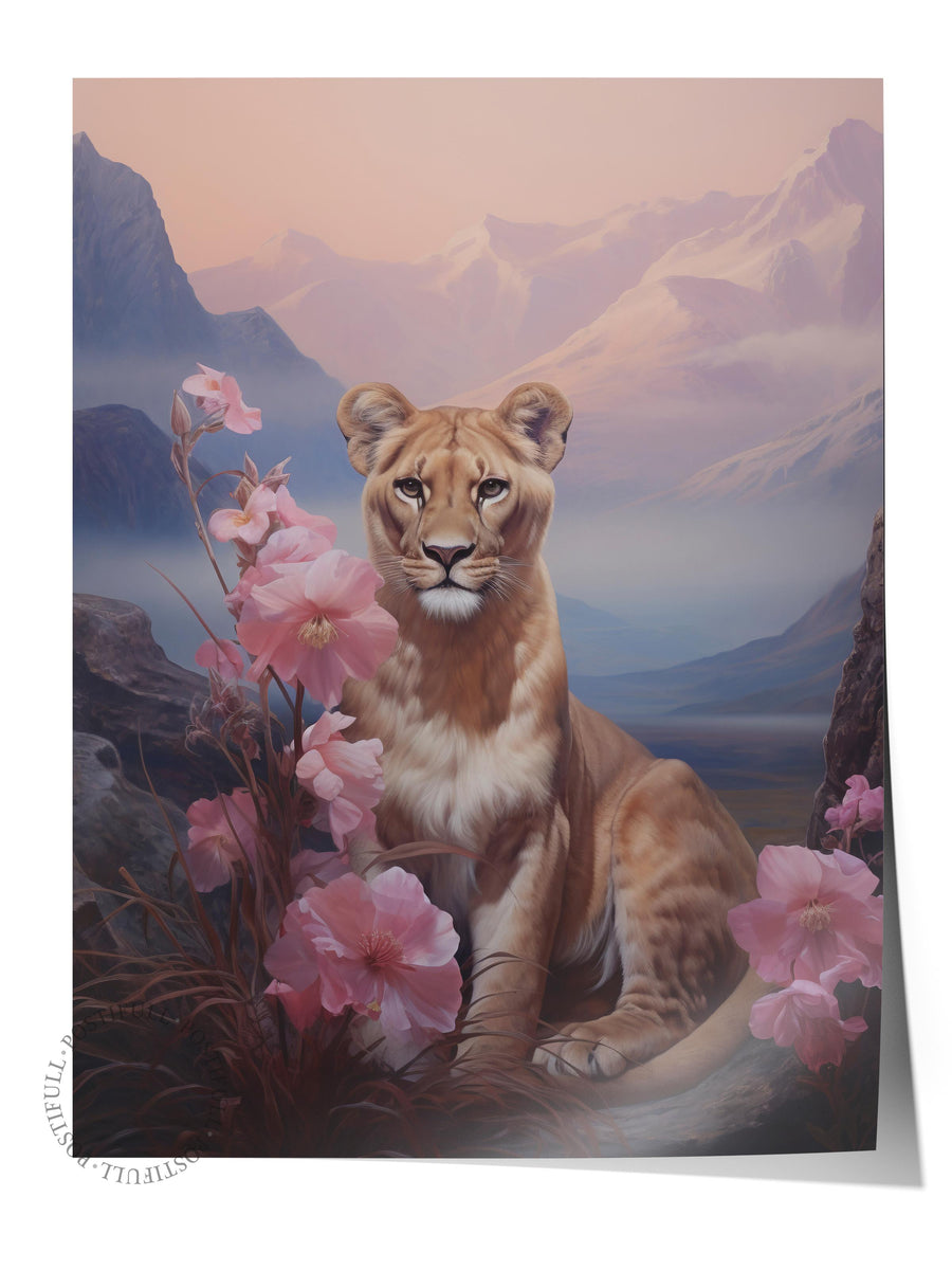 Çiçekler Arasında Dişi Aslan Hayvanlar & Safari Çerçevesiz Poster
