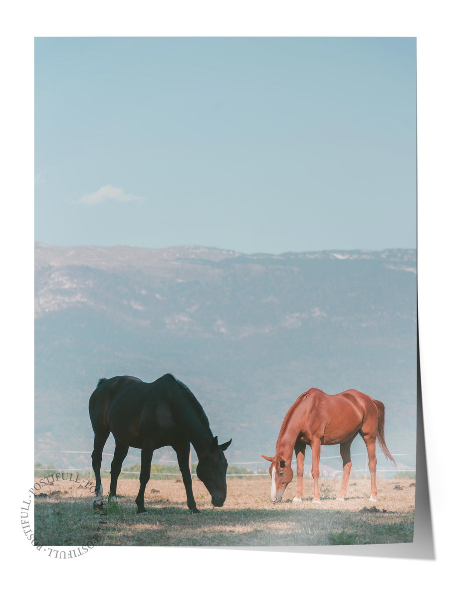 Otlayan Atlar ve Dağ Manzarası Hayvanlar & Safari Çerçevesiz Poster