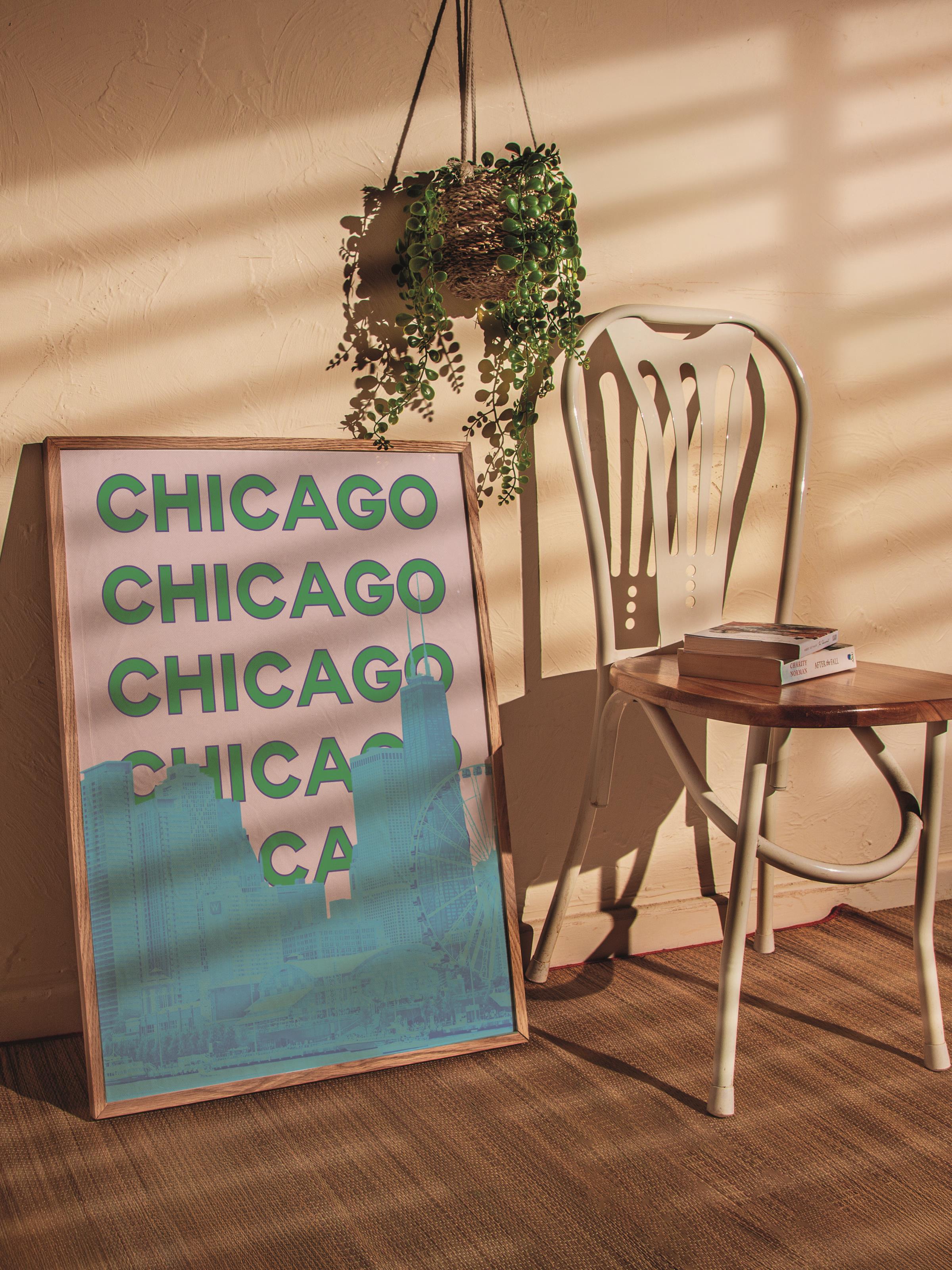Çerçevesiz Poster İllüstrasyon Şehir - Chicago, Şehirler Serisi, Duvar Posteri, HD Baskı, Kalın Arşivsel Sanat Kağıdı