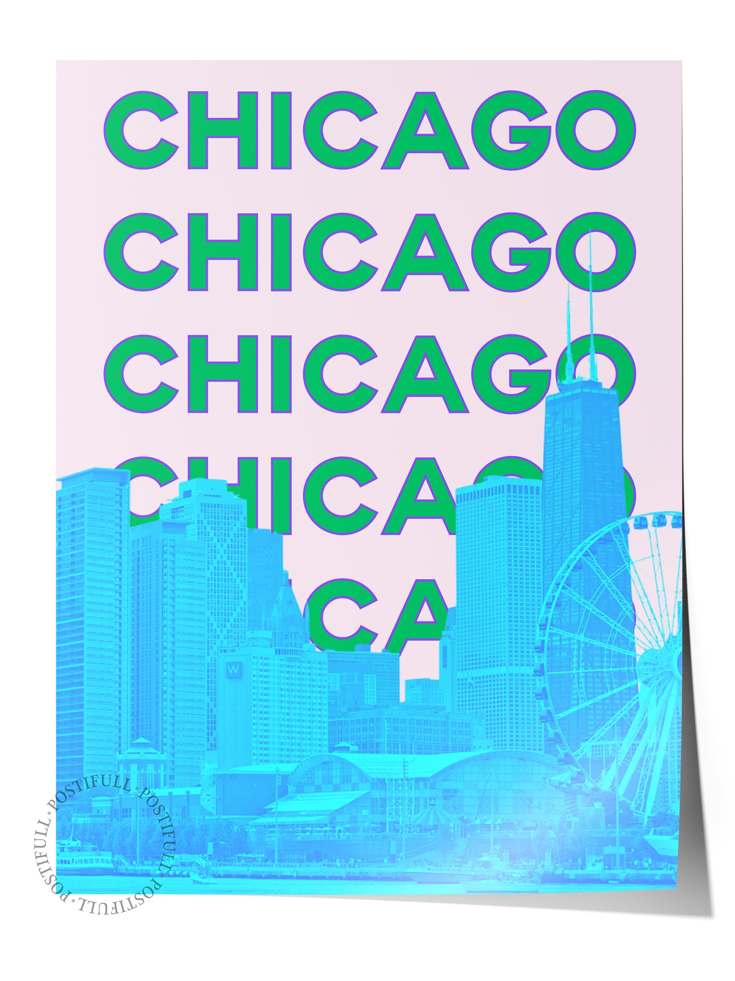 Çerçevesiz Poster İllüstrasyon Şehir - Chicago, Şehirler Serisi, Duvar Posteri, HD Baskı, Kalın Arşivsel Sanat Kağıdı