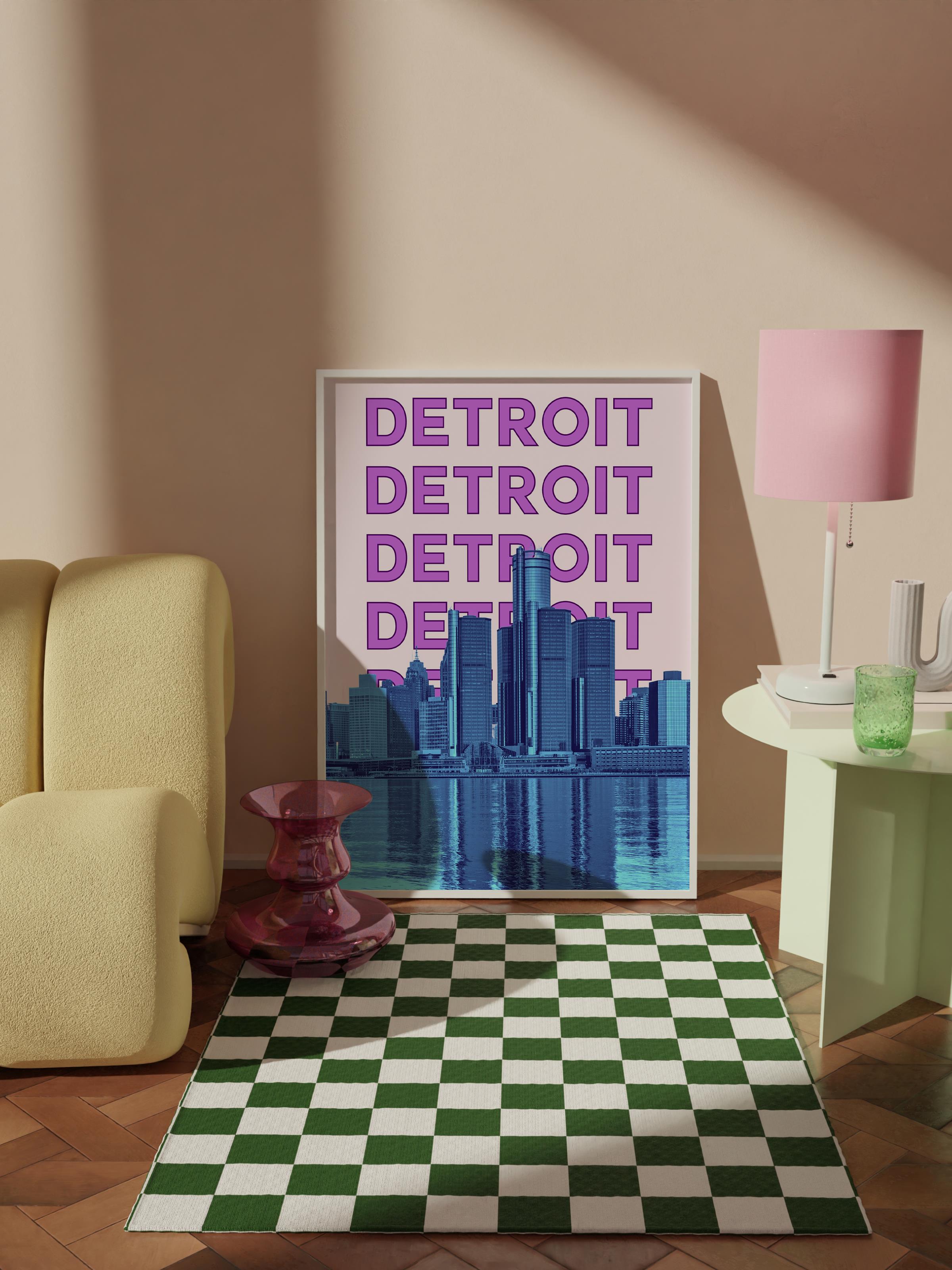 Çerçevesiz Poster İllüstrasyon Şehir - Detroit, Şehirler Serisi, Duvar Posteri, HD Baskı, Kalın Arşivsel Sanat Kağıdı