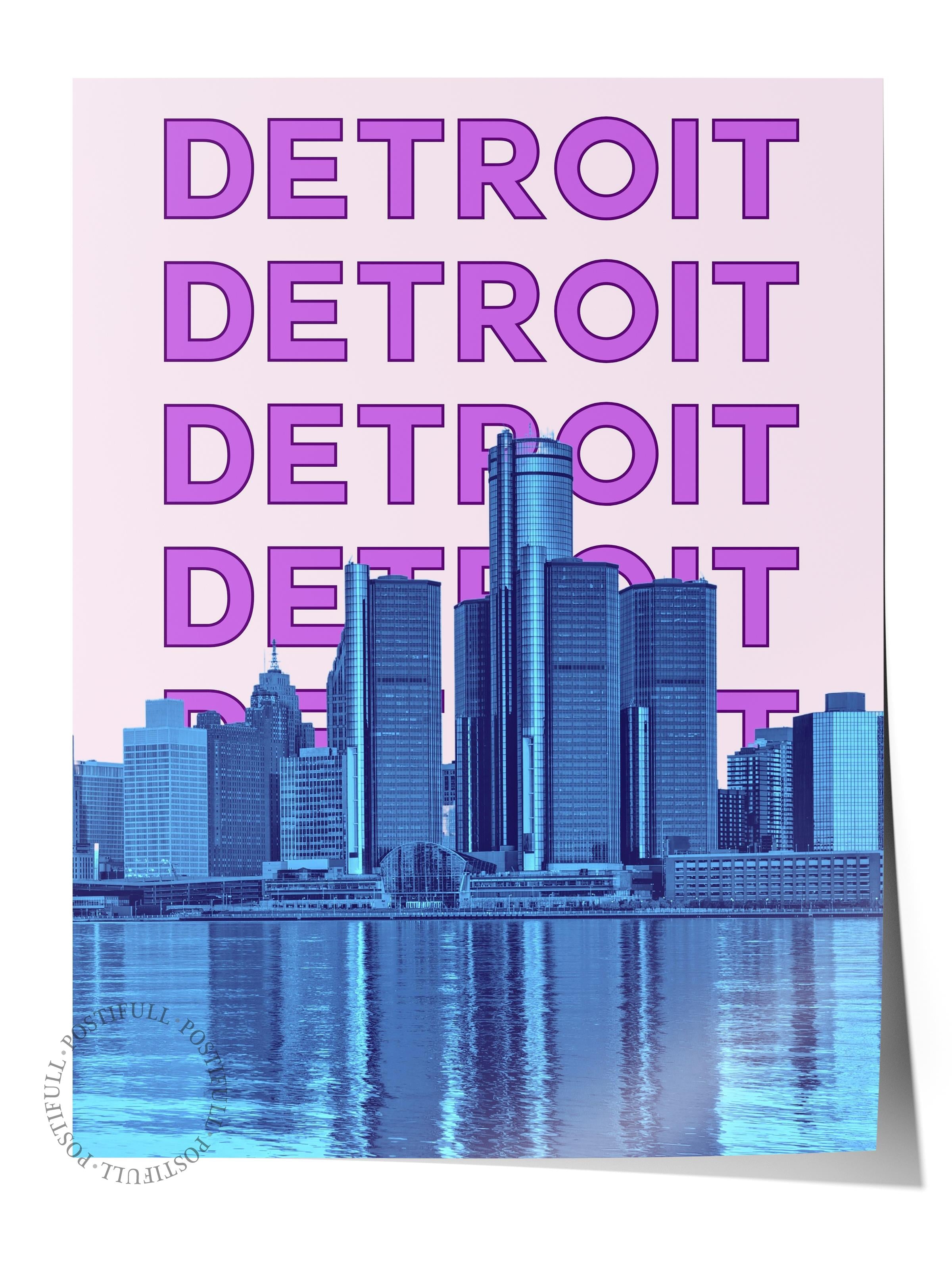 Çerçevesiz Poster İllüstrasyon Şehir - Detroit, Şehirler Serisi, Duvar Posteri, HD Baskı, Kalın Arşivsel Sanat Kağıdı