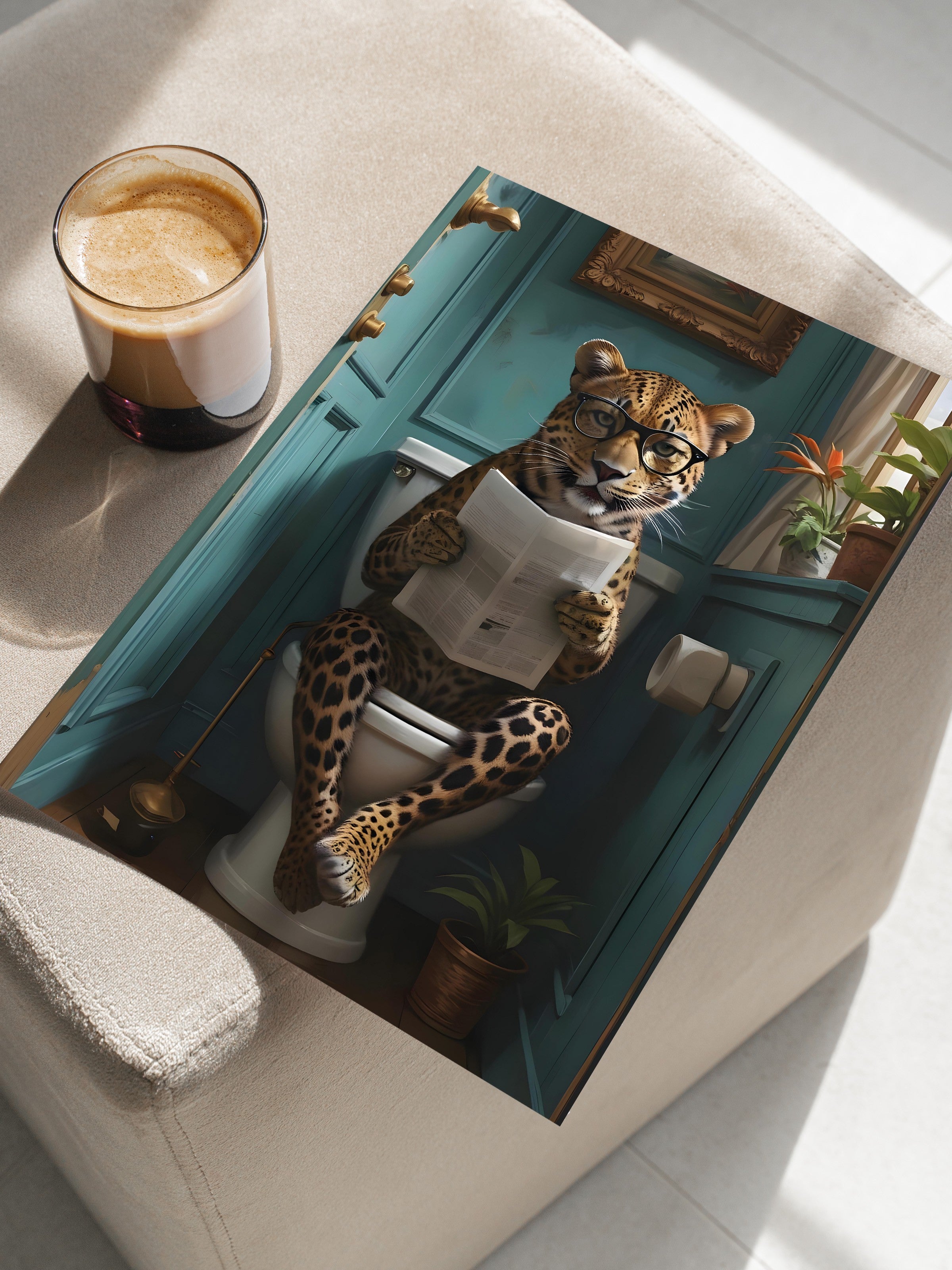 Çerçevesiz Poster, Leopard in Toilet, Comfort Serisi Duvar Posteri, NO:108926