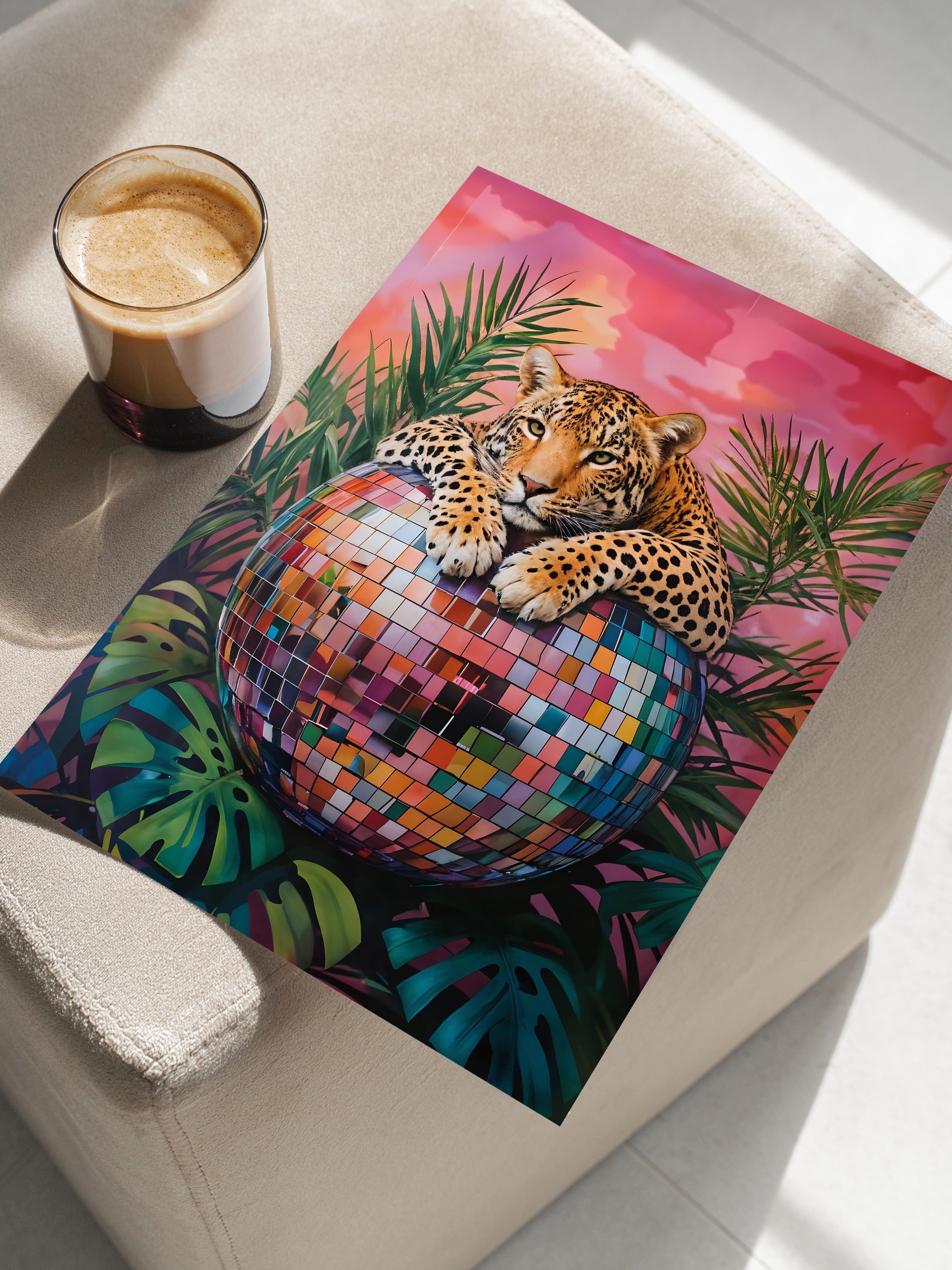 Çerçevesiz Poster, Leopard on Disco Ball, Comfort Serisi Duvar Posteri, NO:108942