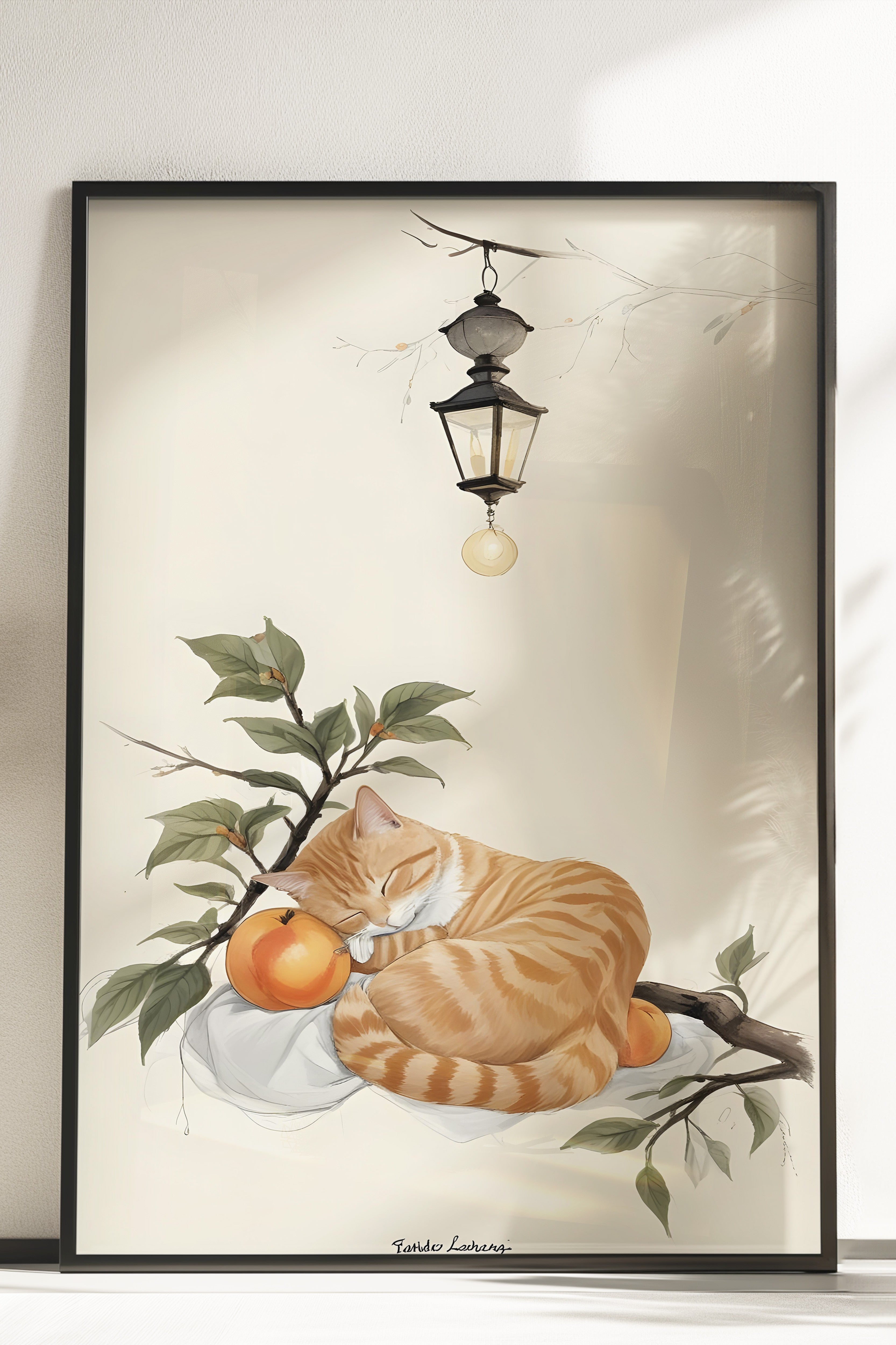 Çerçevesiz Poster, Orange cat Sleeping With Orange, Comfort Serisi Mutfak Duvar Posteri, NO:109166