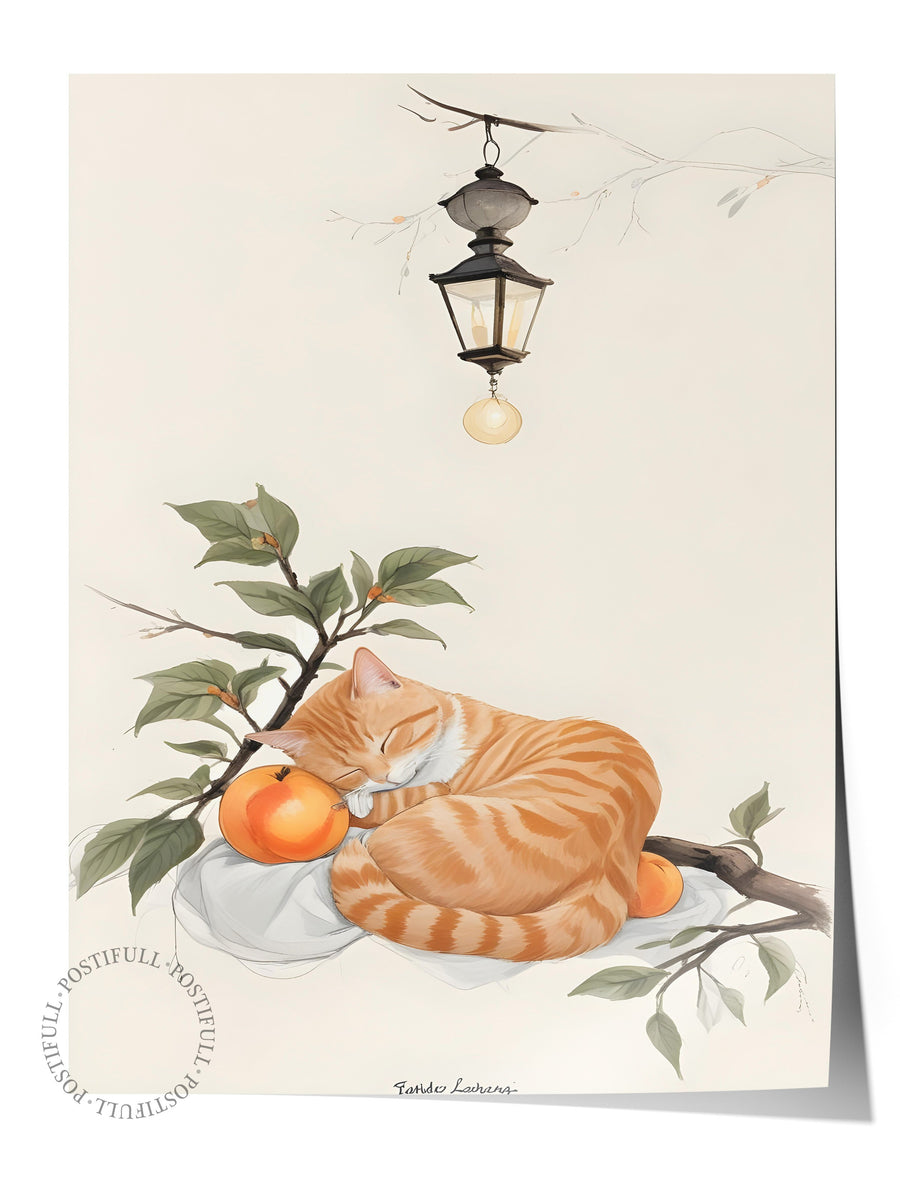 Çerçevesiz Poster, Orange cat Sleeping With Orange, Comfort Serisi Mutfak Duvar Posteri, NO:109166