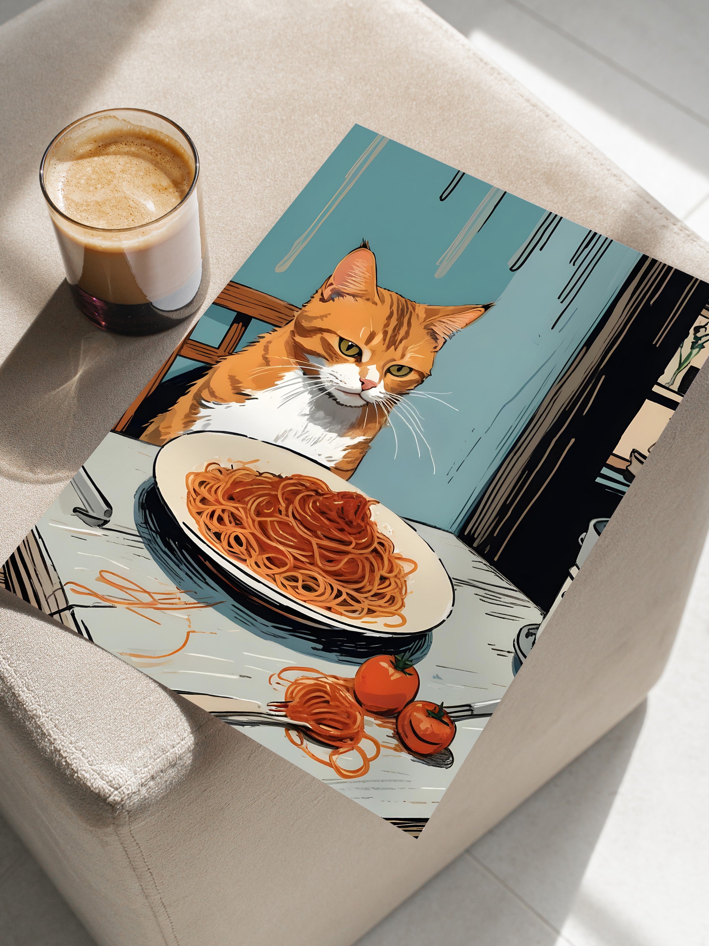 Çerçevesiz Poster, Orange Cat With Spaghetti, Comfort Serisi Mutfak Duvar Posteri, NO:109089