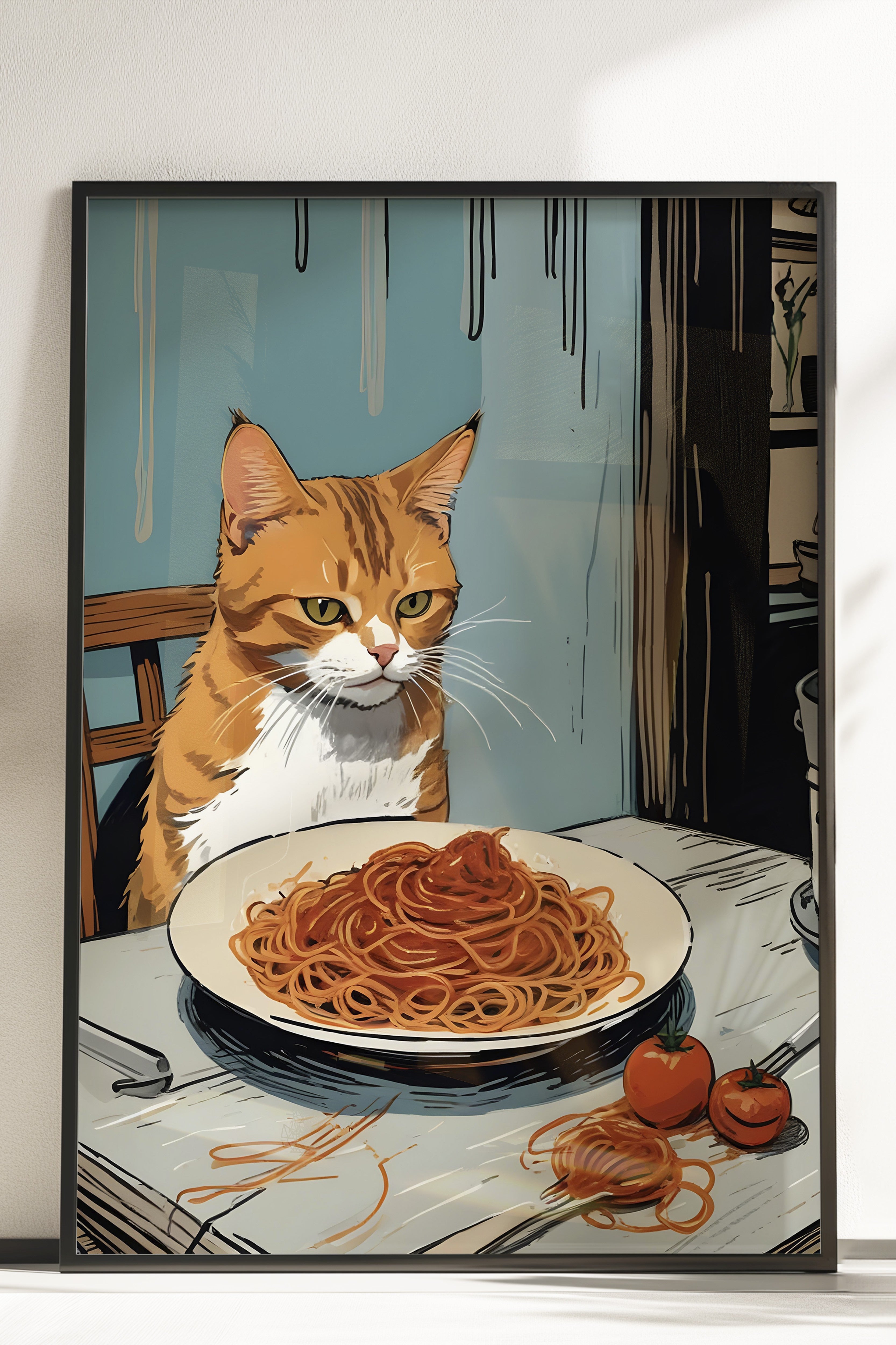 Çerçevesiz Poster, Orange Cat With Spaghetti, Comfort Serisi Mutfak Duvar Posteri, NO:109089