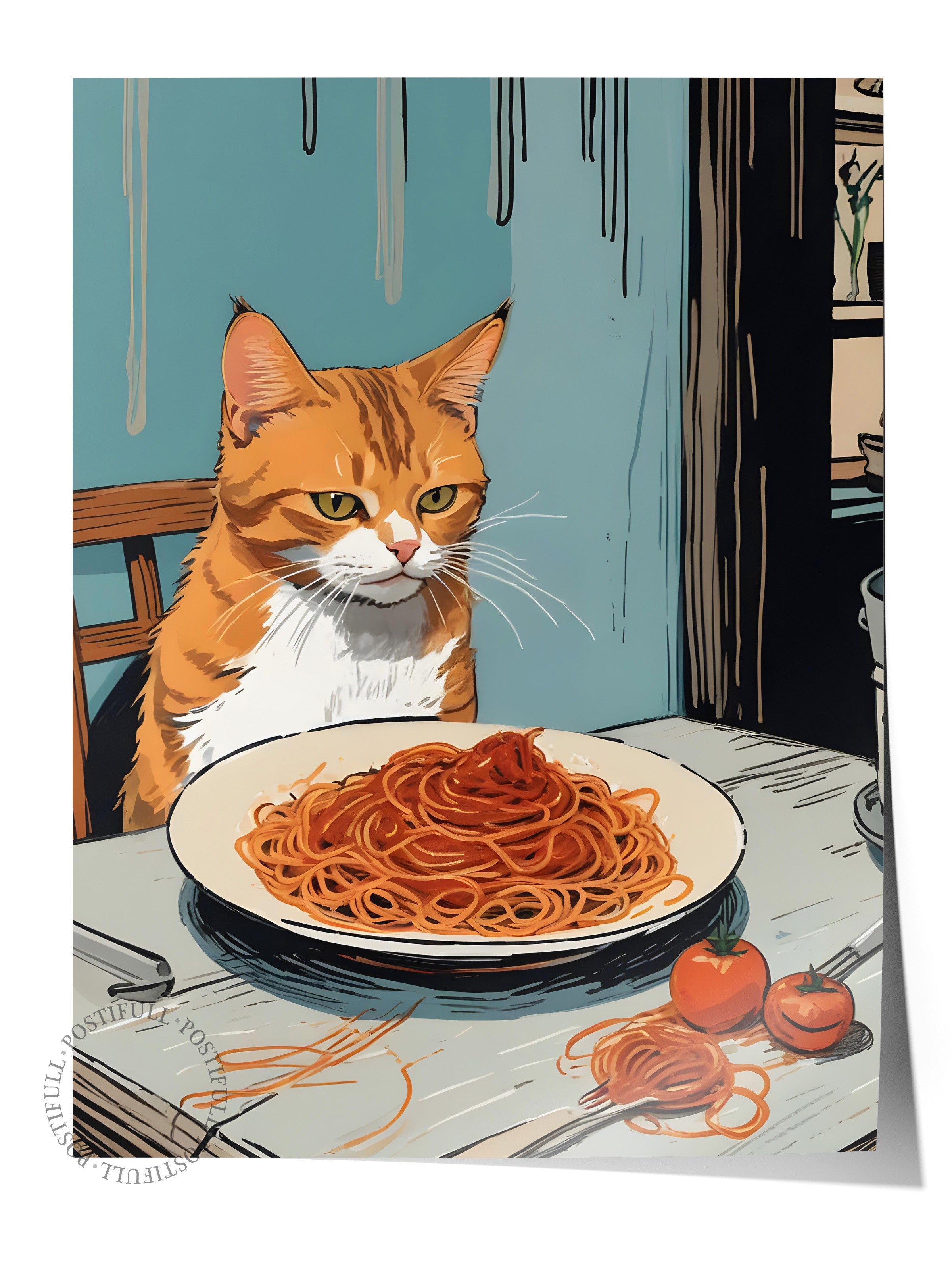 Çerçevesiz Poster, Orange Cat With Spaghetti, Comfort Serisi Mutfak Duvar Posteri, NO:109089