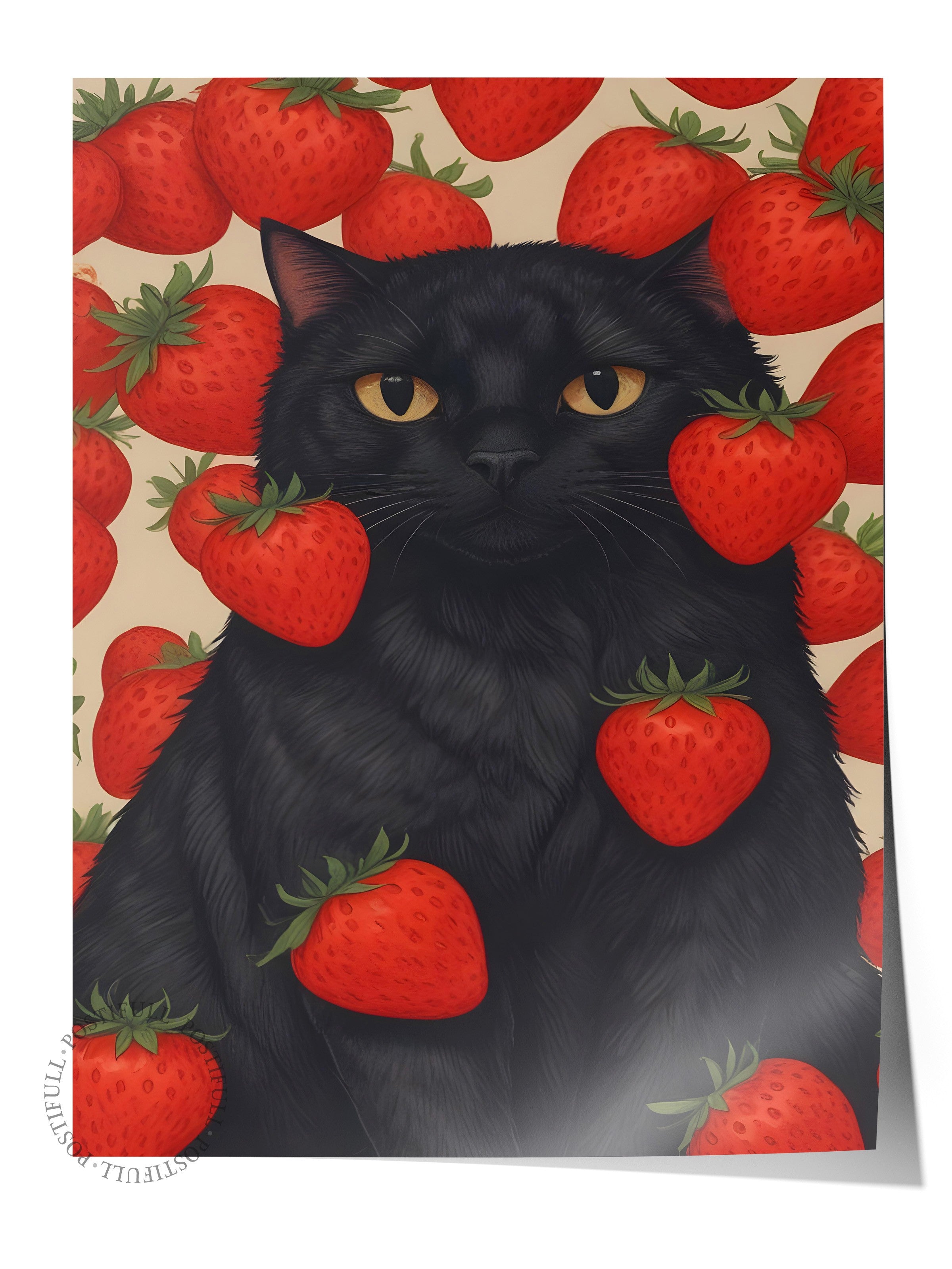 Çerçevesiz Poster, Strawberry Cat, Comfort Serisi Mutfak Duvar Posteri, NO:109108