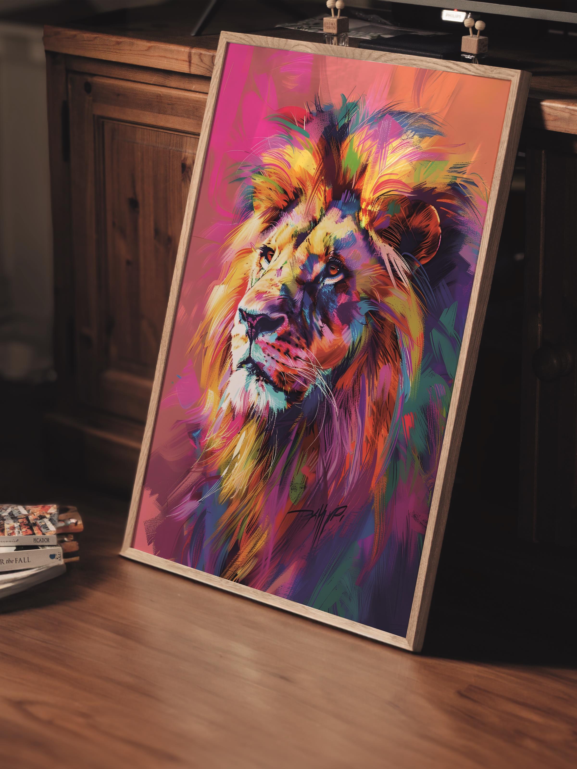 Çerçevesiz Poster Tablo, Duvar Posteri, Kağıt Poster, Renkli Aslan , Maximalist No:85
