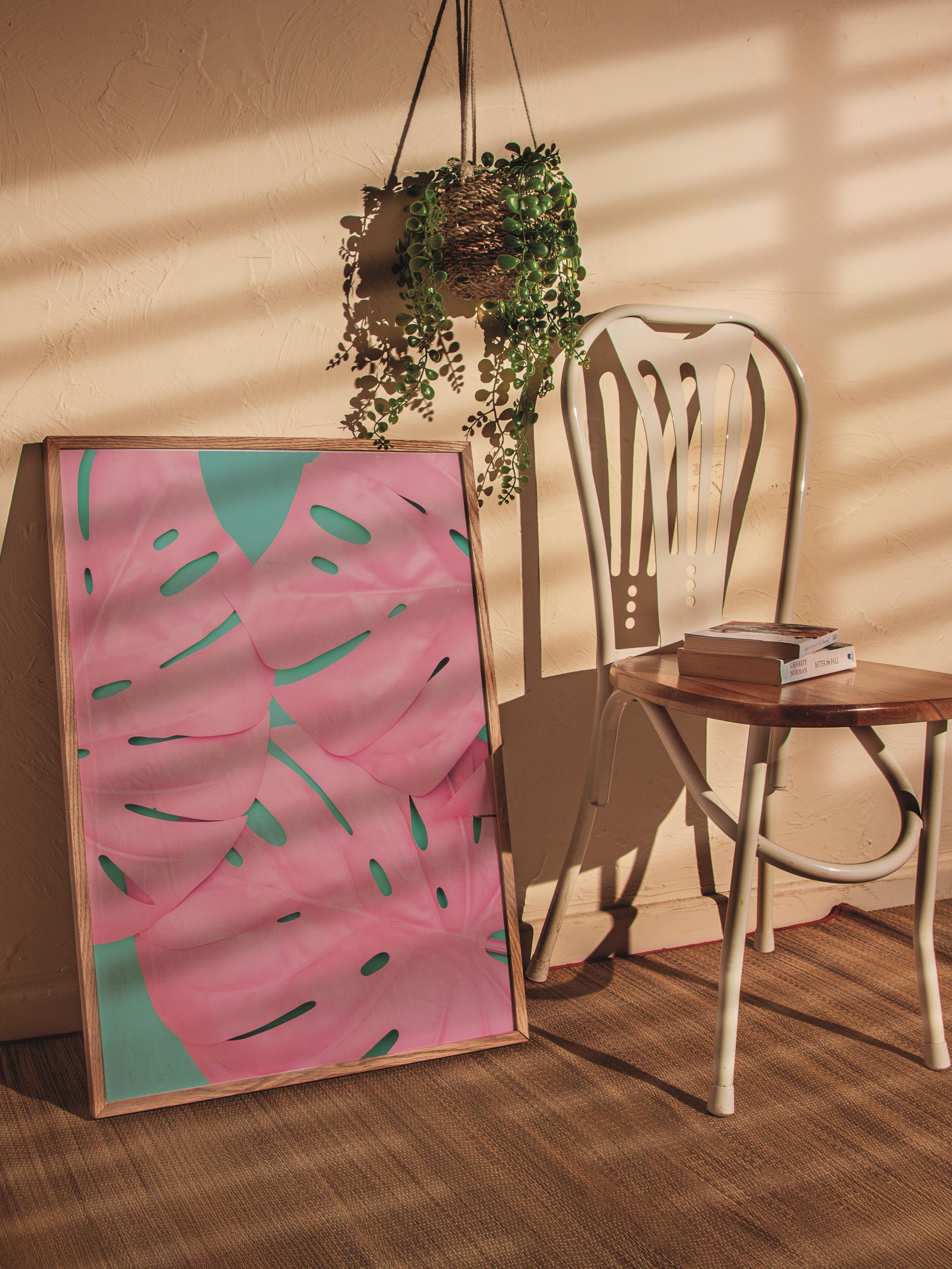 Çerçevesiz Poster Tablo, Duvar Posteri, Kağıt Poster, Pembe Monstera Yaprağı , Maximalist No:8