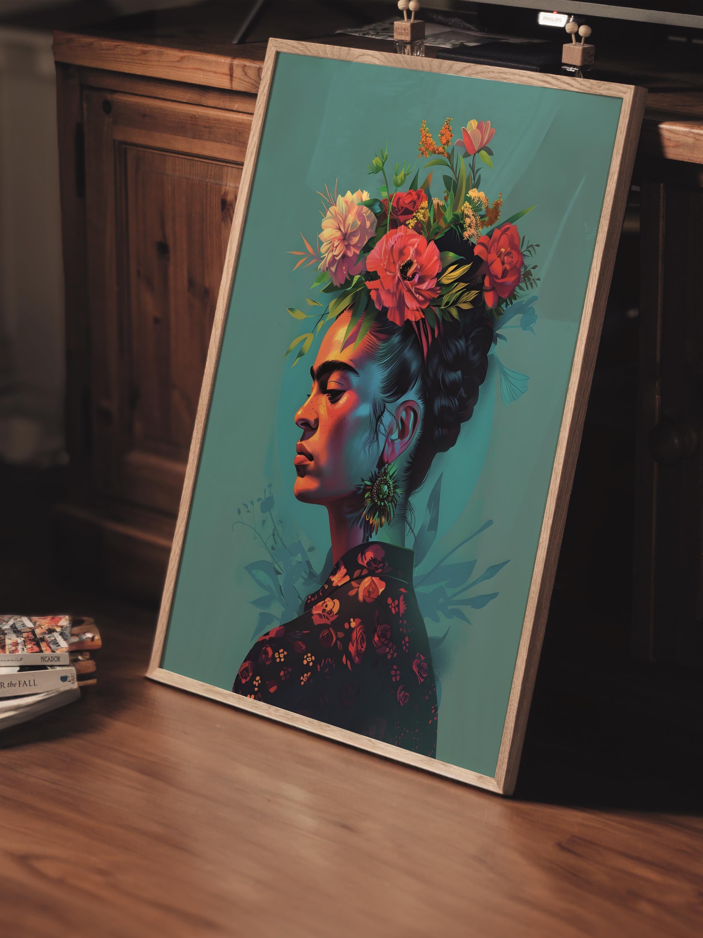 Çerçevesiz Poster Tablo, Duvar Posteri, Kağıt Poster, Çiçek Taçlı Frida Kahlo, Maximalist No:67