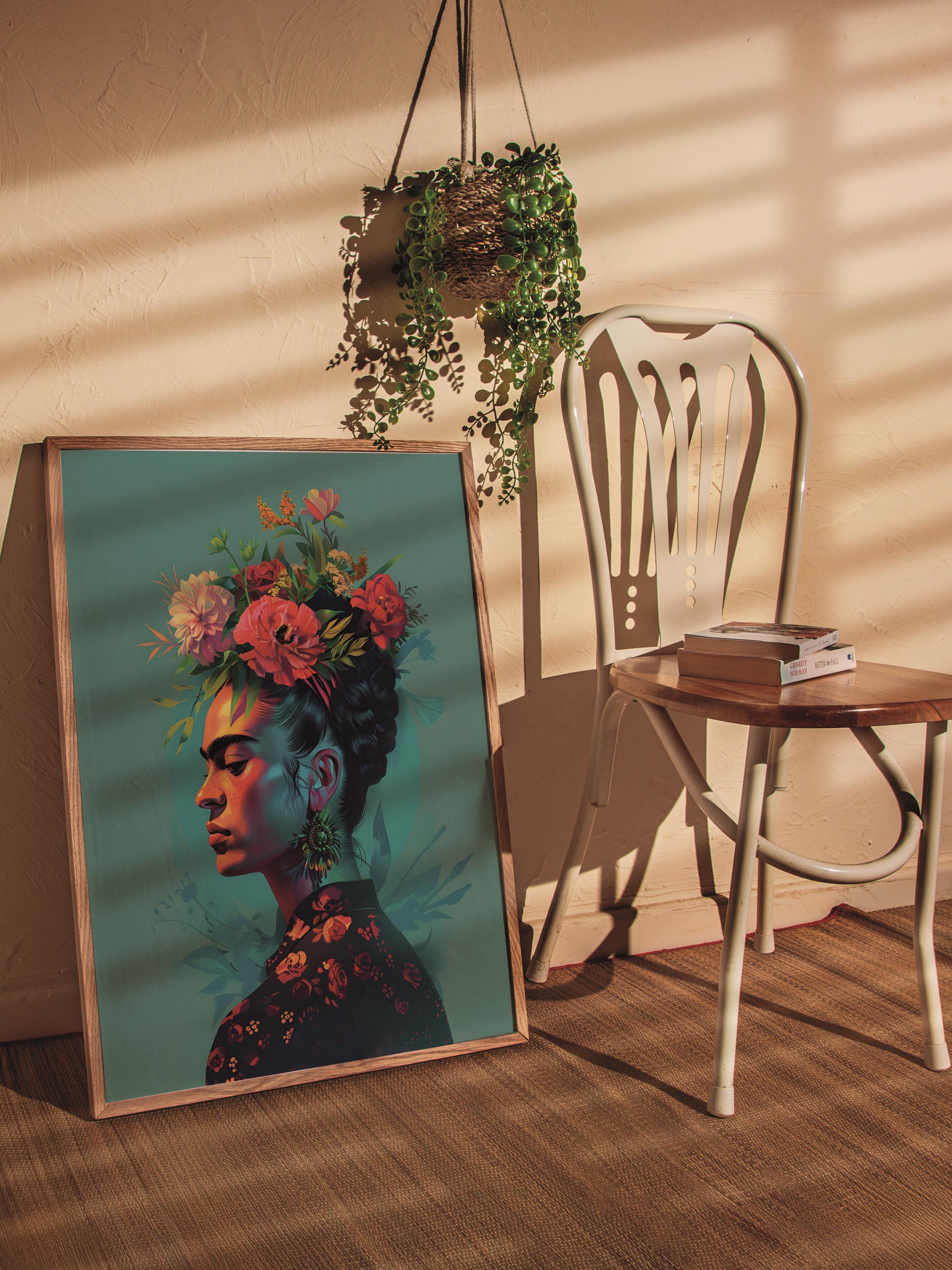 Çerçevesiz Poster Tablo, Duvar Posteri, Kağıt Poster, Çiçek Taçlı Frida Kahlo, Maximalist No:67