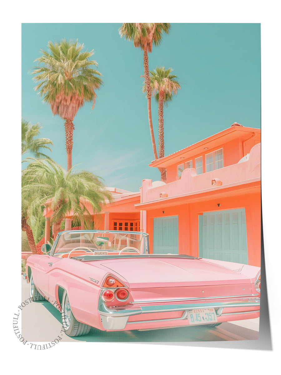 Pembe Klasik Araba ve Palmiyeler Maximalist Çerçevesiz Poster