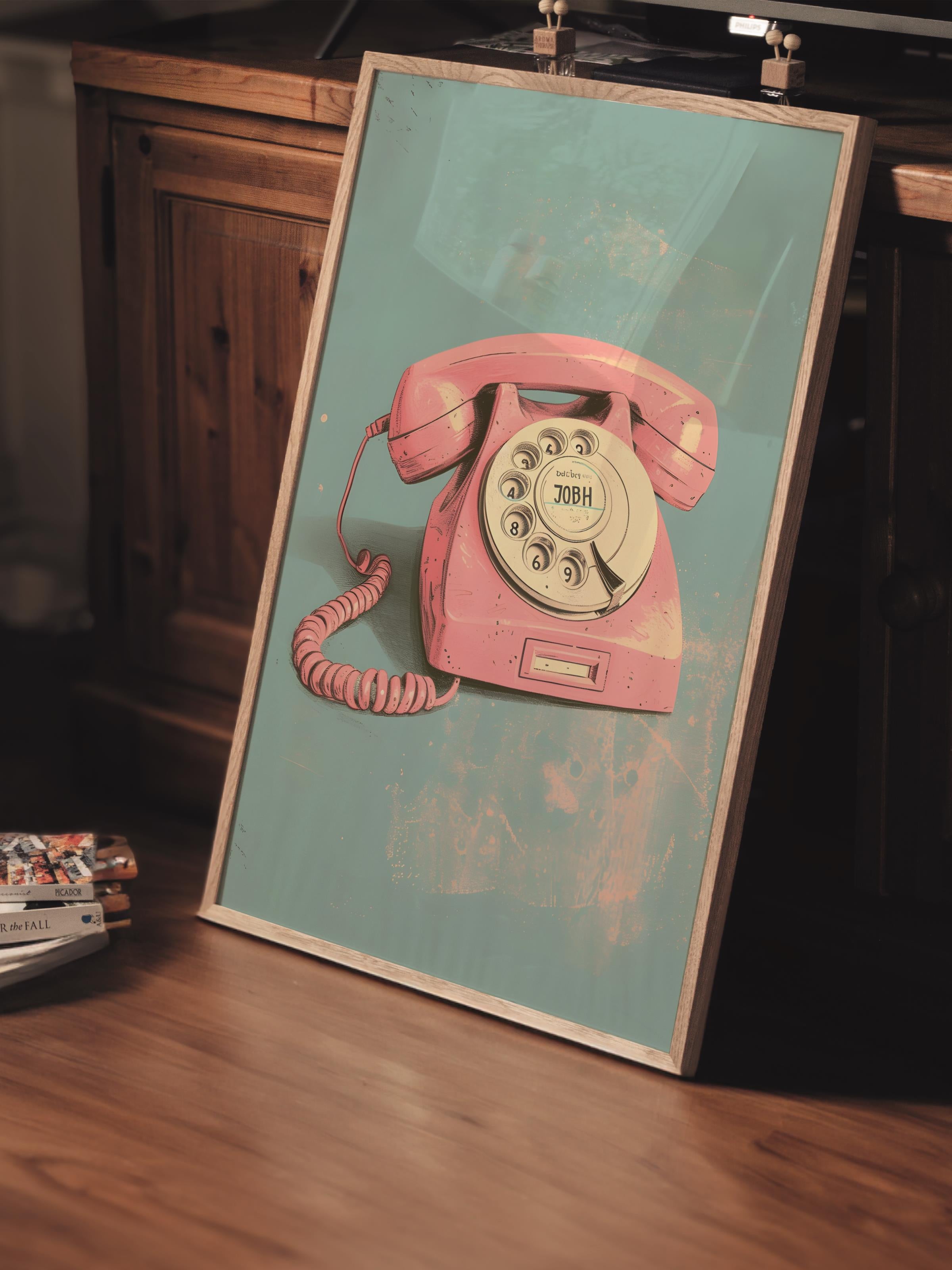 Çerçevesiz Poster Tablo, Duvar Posteri, Kağıt Poster, Pembe ve Mavi Retro Telefon , Maximalist No:14