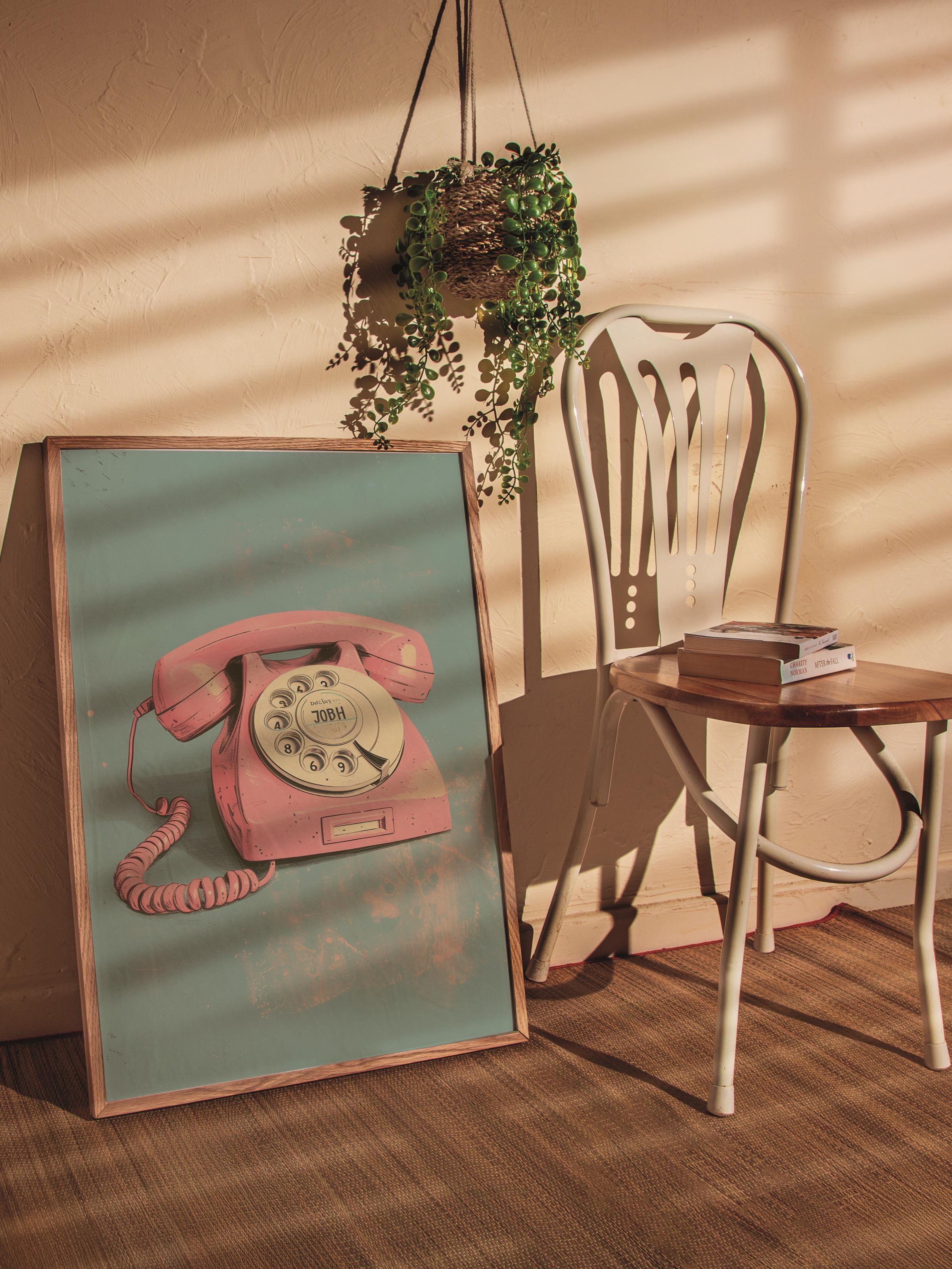 Çerçevesiz Poster Tablo, Duvar Posteri, Kağıt Poster, Pembe ve Mavi Retro Telefon , Maximalist No:14