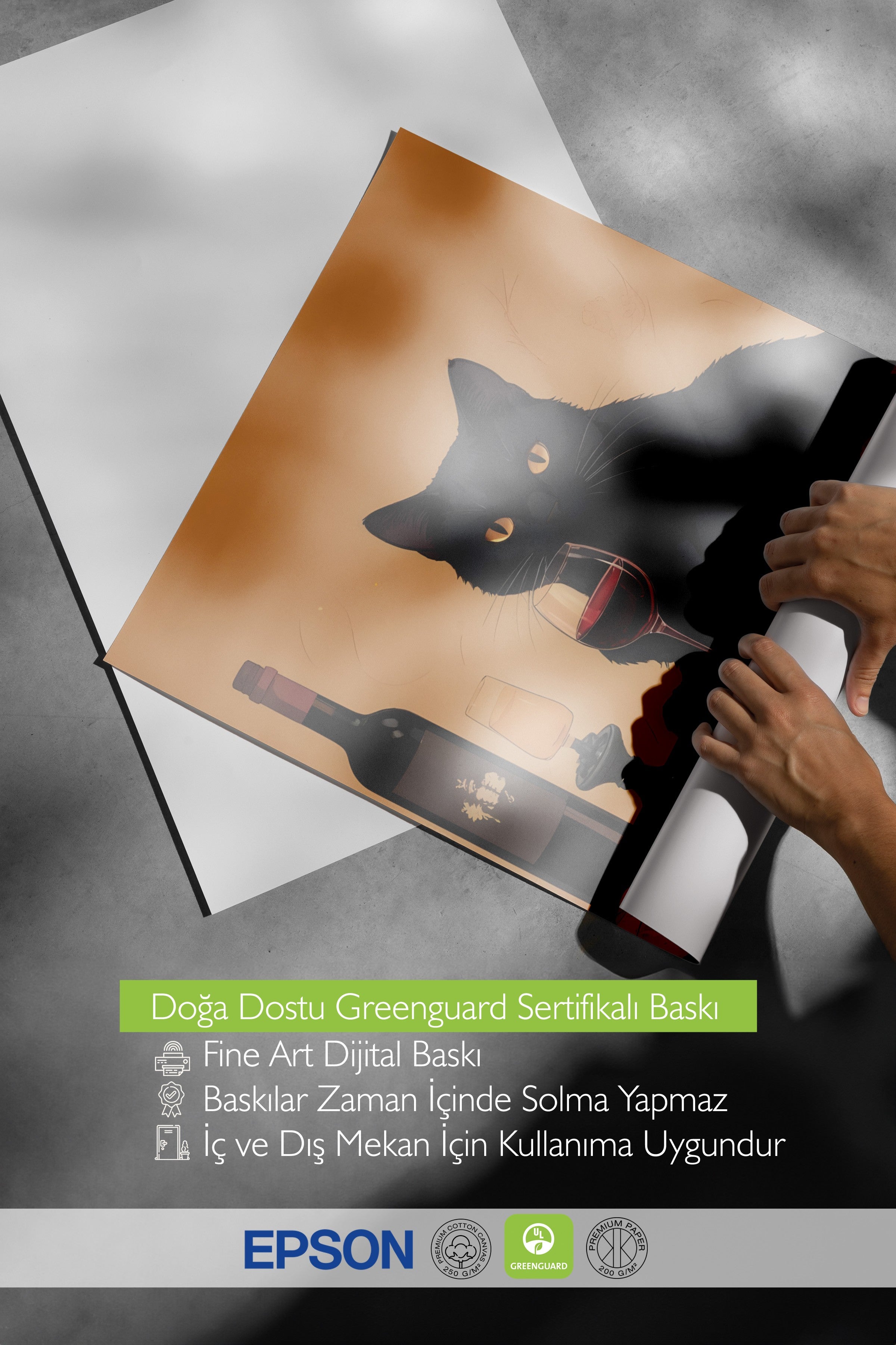 Çerçevesiz Poster, Wine & Cat, Comfort Serisi Mutfak Duvar Posteri, NO:109060