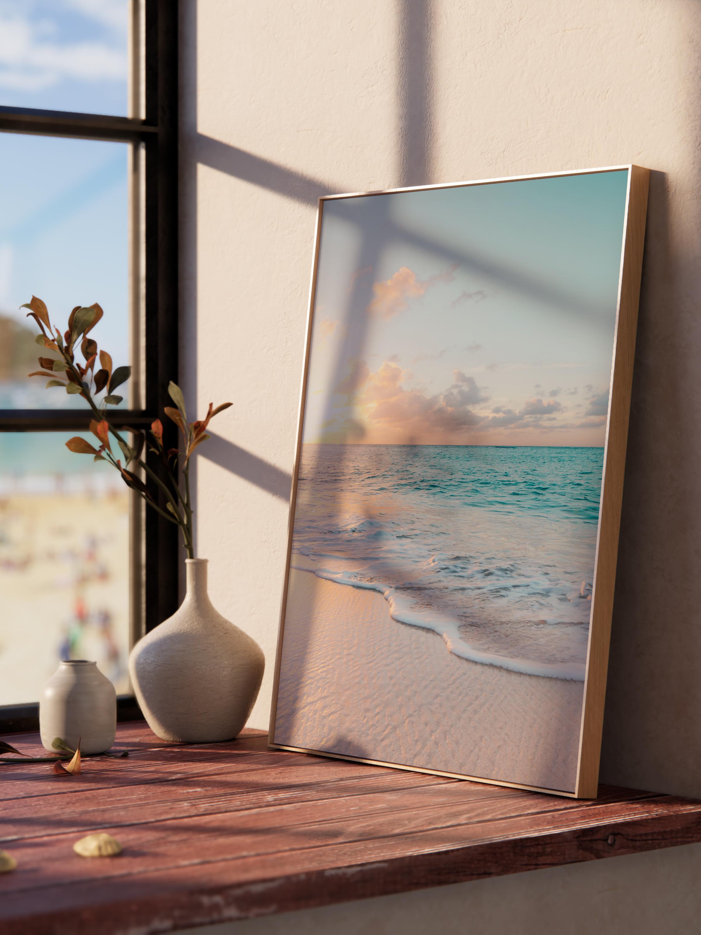 Çerçevesiz Poster, Yaz Temalı Tablo NO:102, Gün Batımı ve Dalgalar Fotoğrafı, Sarı Poster, Dikey