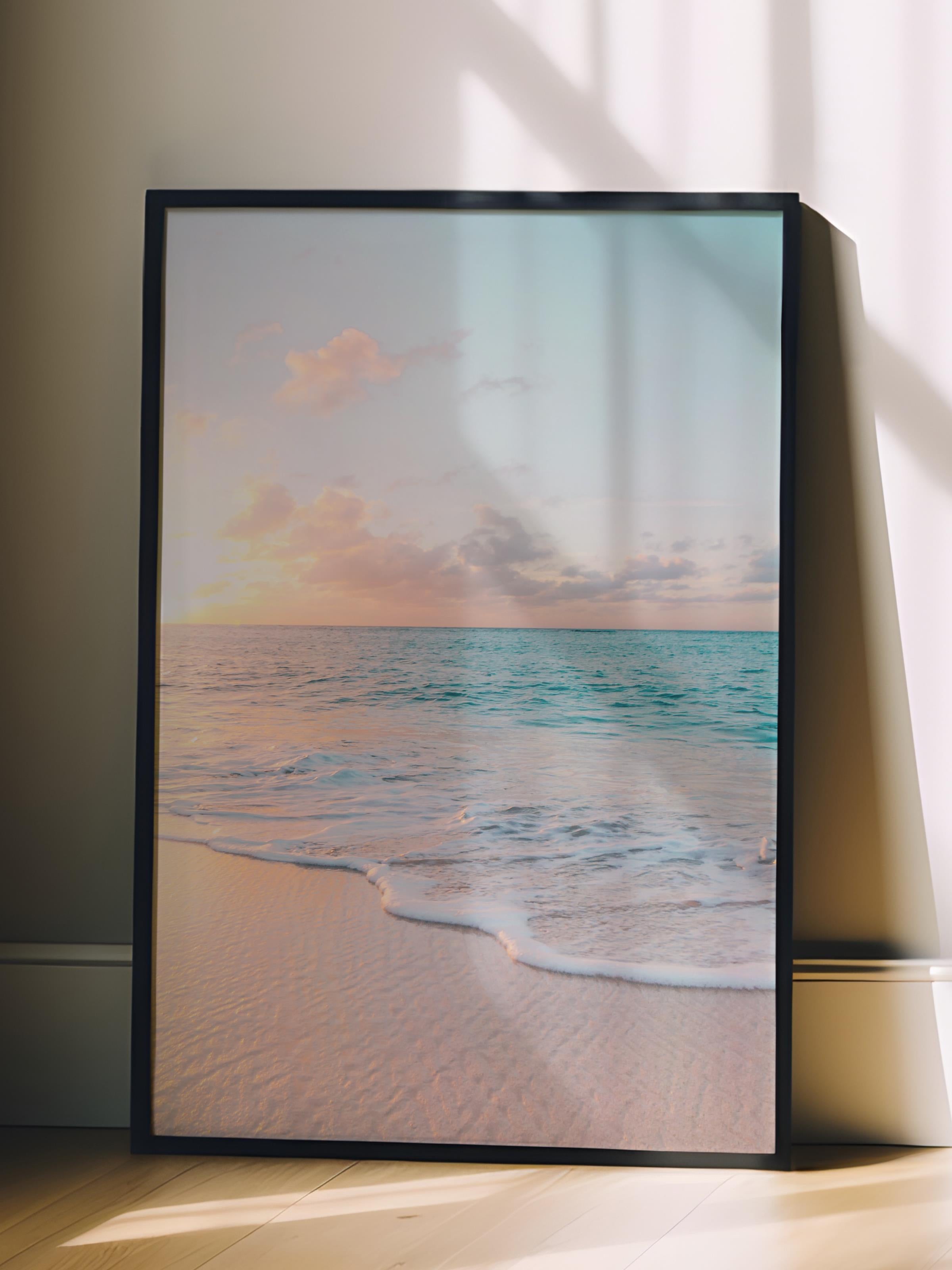 Çerçevesiz Poster, Yaz Temalı Tablo NO:102, Gün Batımı ve Dalgalar Fotoğrafı, Sarı Poster, Dikey