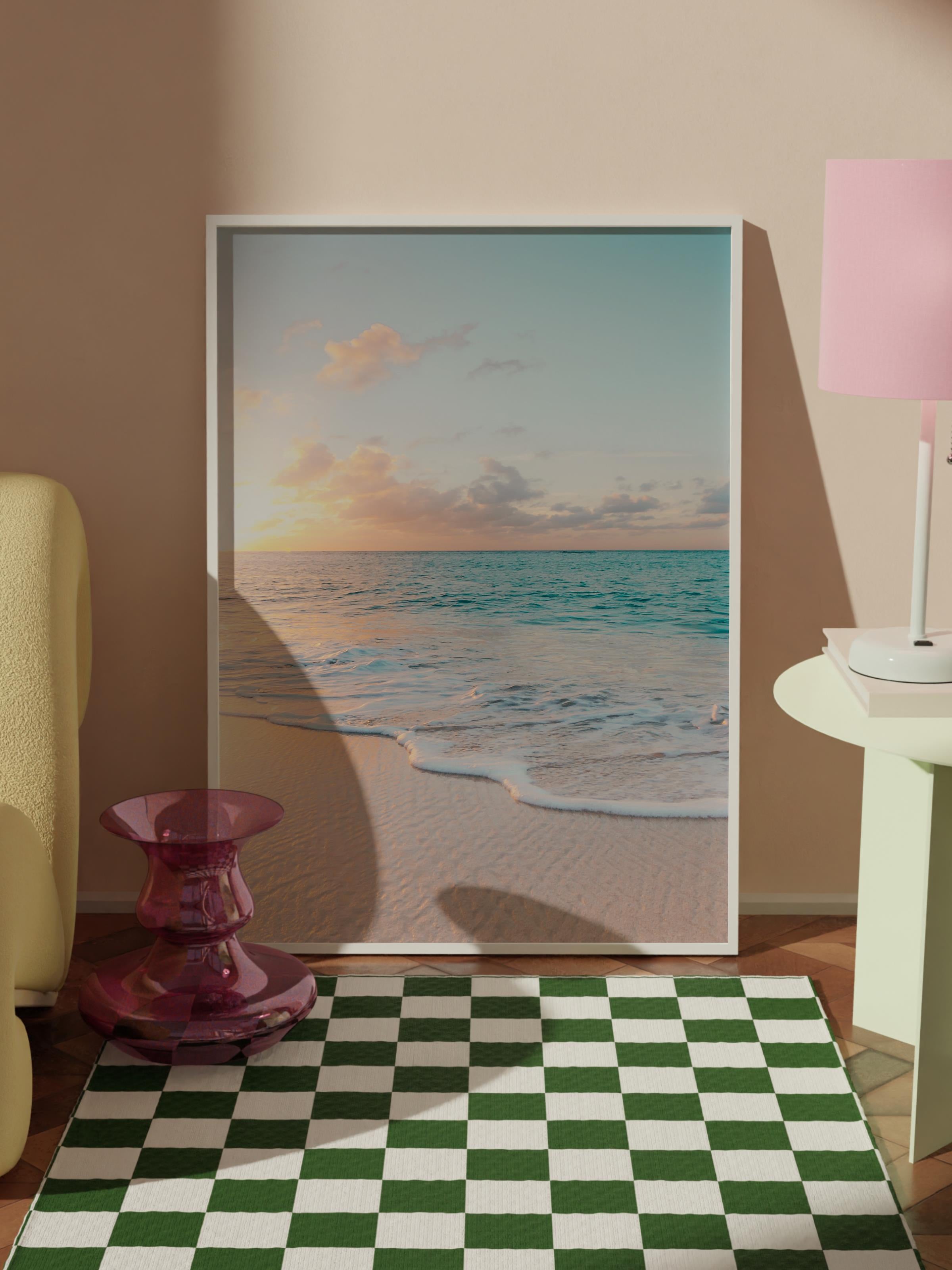 Çerçevesiz Poster, Yaz Temalı Tablo NO:102, Gün Batımı ve Dalgalar Fotoğrafı, Sarı Poster, Dikey