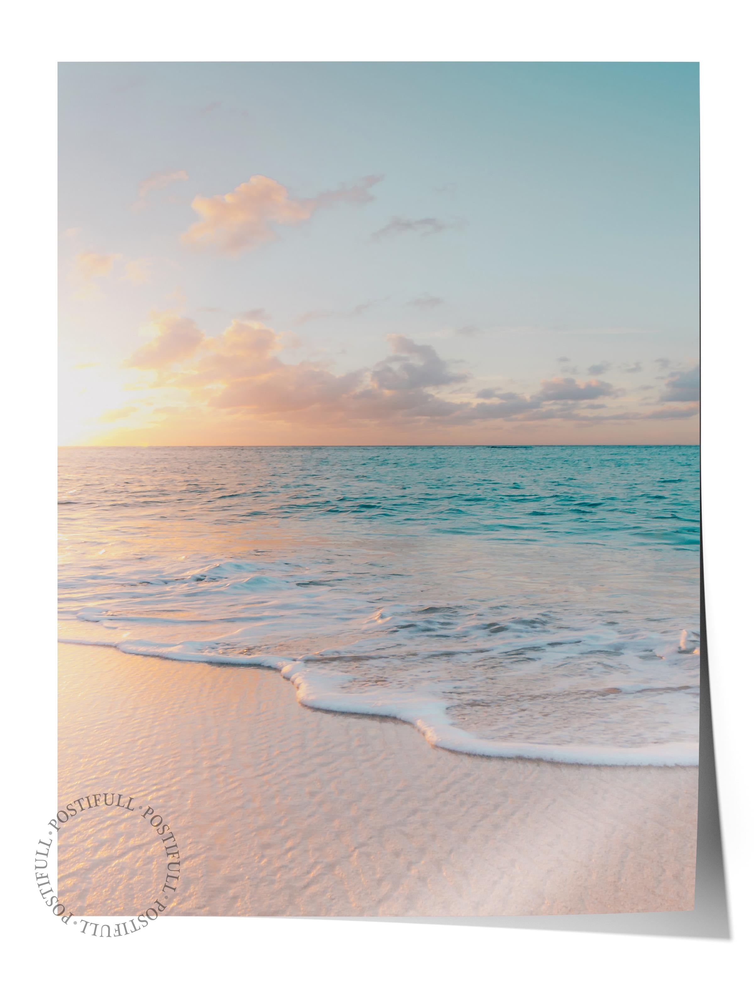 Çerçevesiz Poster, Yaz Temalı Tablo NO:102, Gün Batımı ve Dalgalar Fotoğrafı, Sarı Poster, Dikey