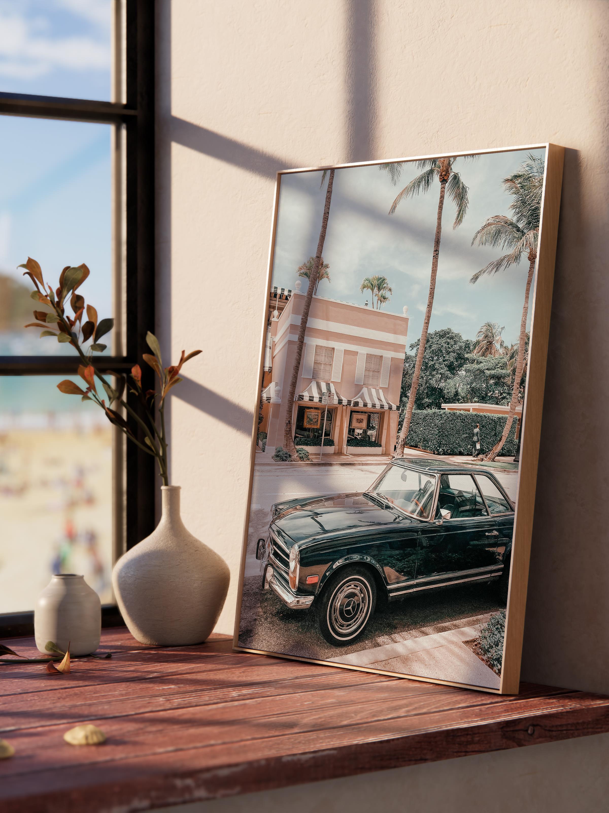 Çerçevesiz Poster, Yaz Temalı Tablo NO:104, Klasik Araba ve Palmiye Fotoğrafı, Beyaz Poster, Dikey