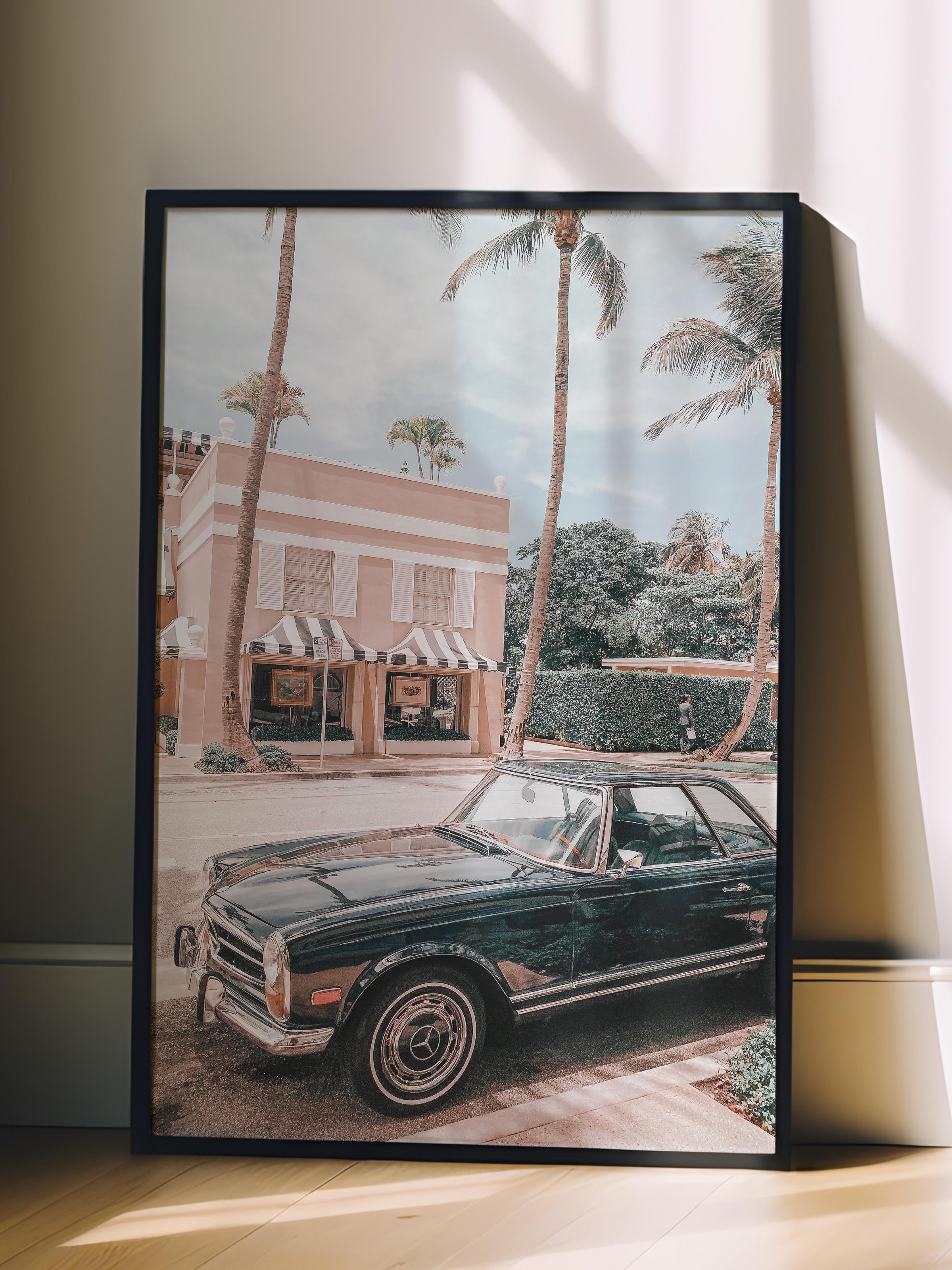 Çerçevesiz Poster, Yaz Temalı Tablo NO:104, Klasik Araba ve Palmiye Fotoğrafı, Beyaz Poster, Dikey