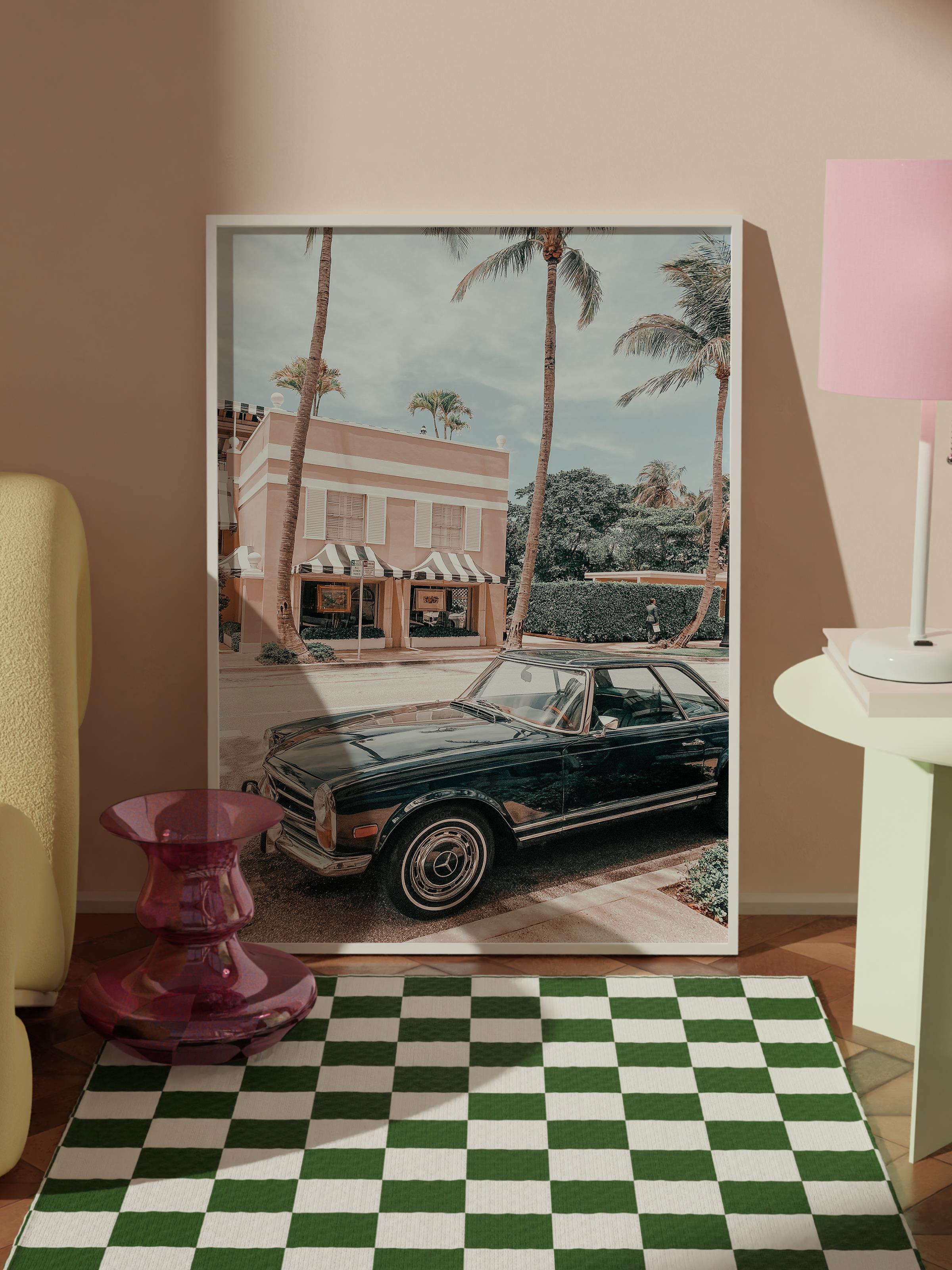 Çerçevesiz Poster, Yaz Temalı Tablo NO:104, Klasik Araba ve Palmiye Fotoğrafı, Beyaz Poster, Dikey