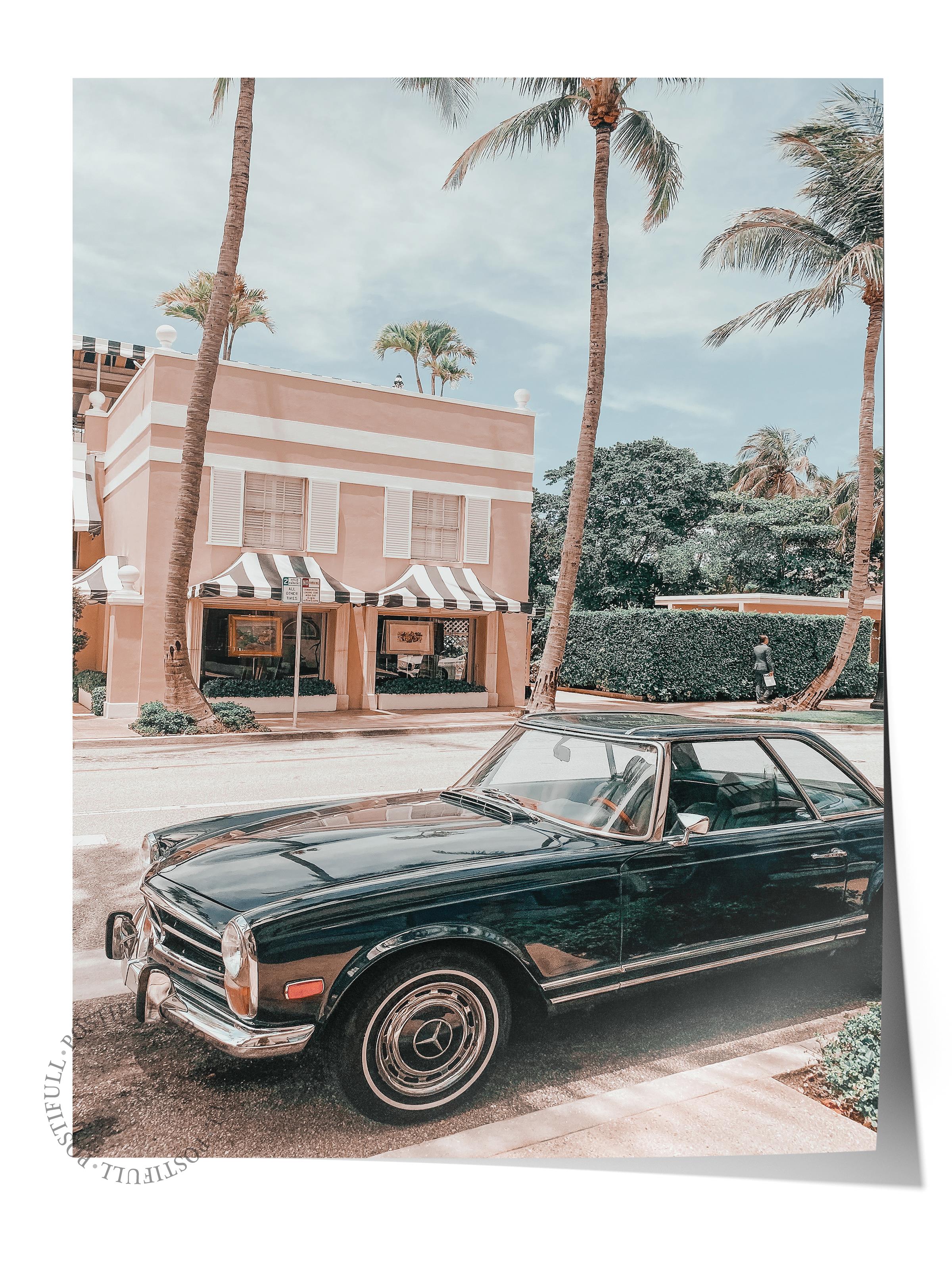 Çerçevesiz Poster, Yaz Temalı Tablo NO:104, Klasik Araba ve Palmiye Fotoğrafı, Beyaz Poster, Dikey