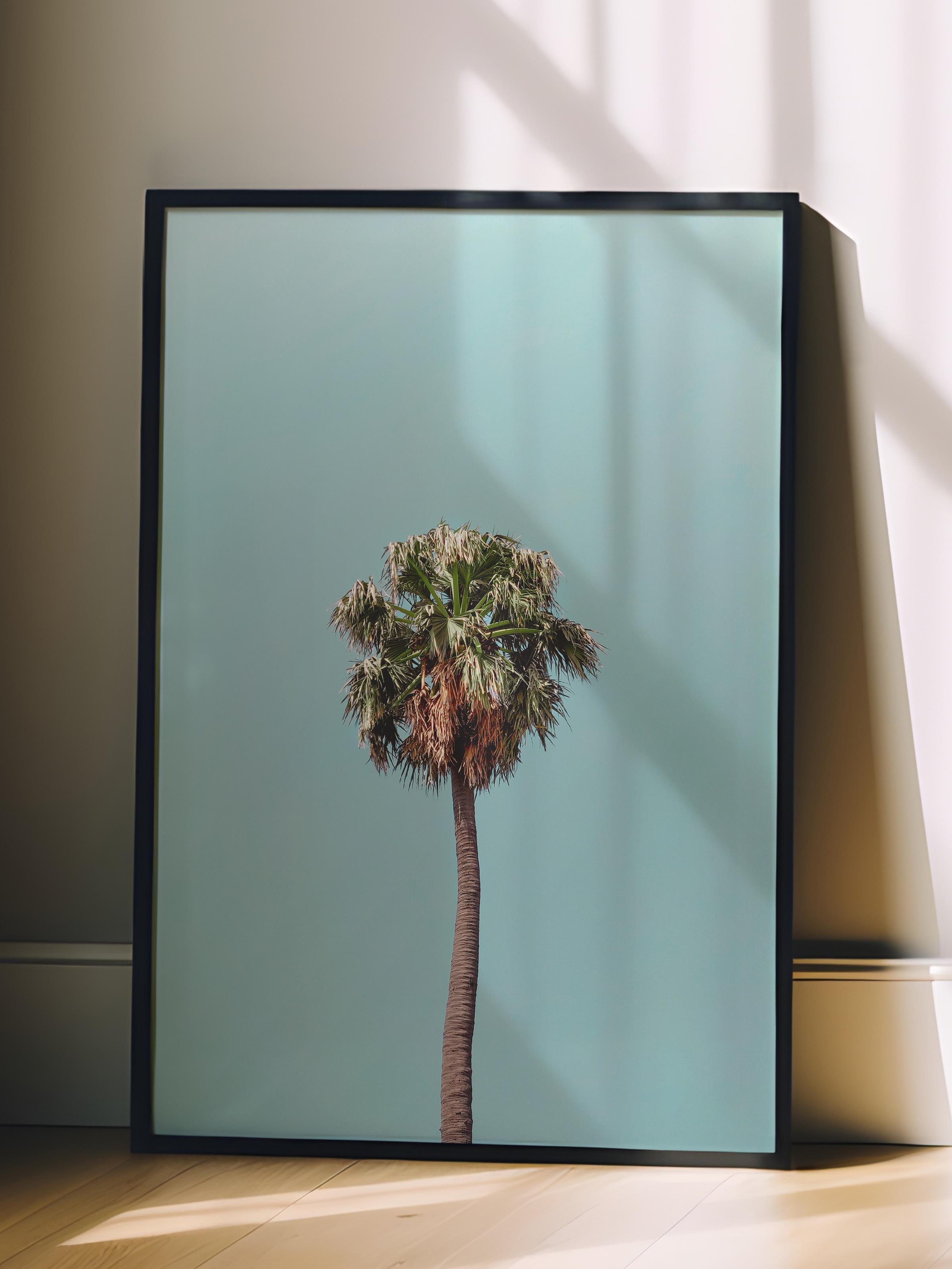 Çerçevesiz Poster, Yaz Temalı Tablo NO:112, Yalnız Palmiye Fotoğrafı, Mavi Poster, Dikey