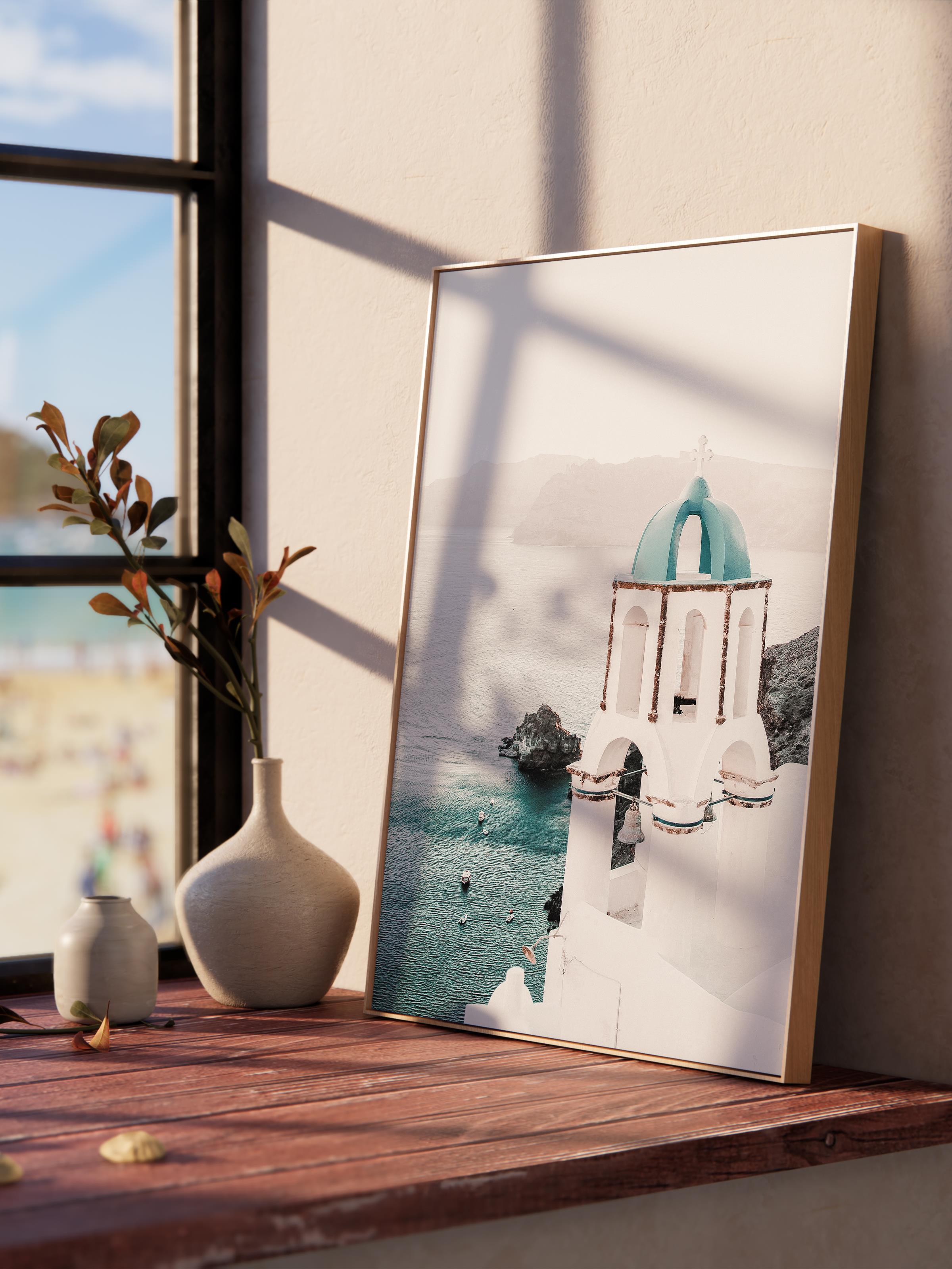 Çerçevesiz Poster, Yaz Temalı Tablo NO:116, Santorini Manzarası Fotoğrafı, Beyaz Poster, Dikey